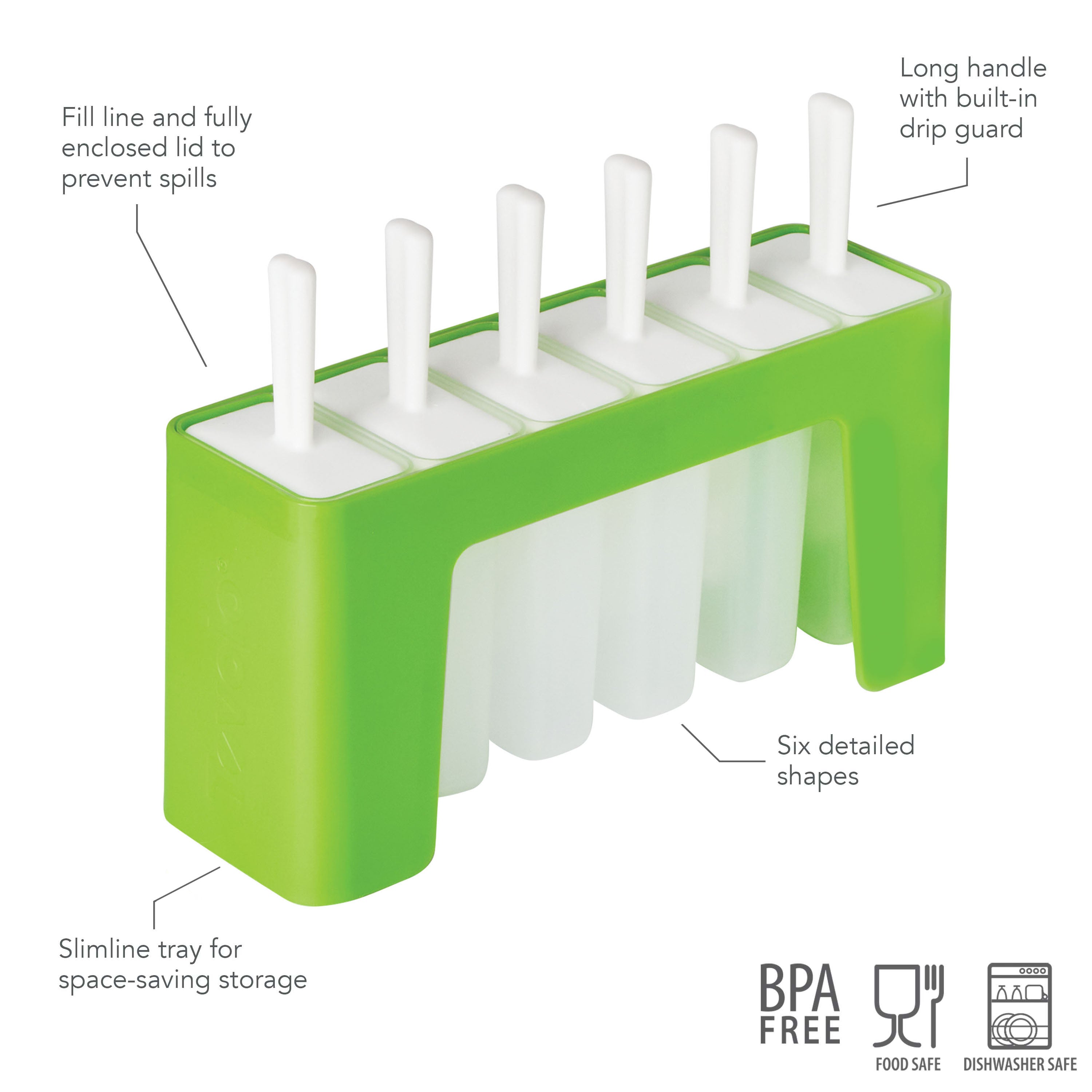 Pop Molds w/ Tray feature six slots in a slim tray for homemade frozen treats. Includes enclosed lid, long handles with drip guards, and detailed shapes. BPA free, food safe, and dishwasher safe. Green and white design.