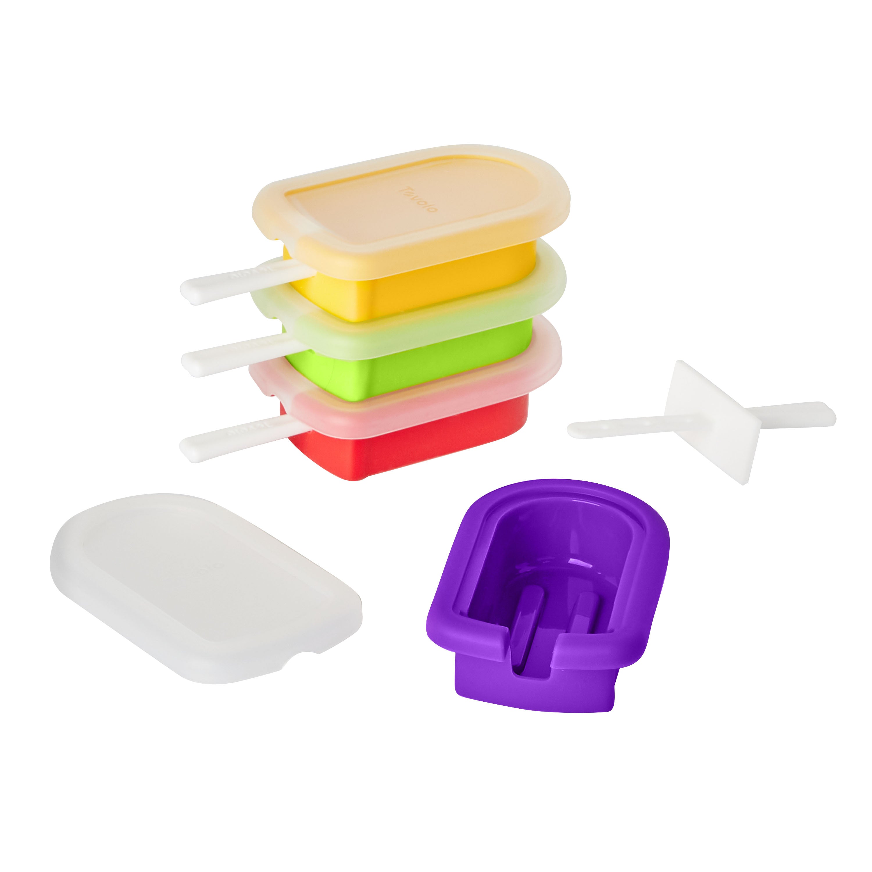 Pop Molds Stackable features four colorful silicone popsicle molds—purple, yellow, green, and red—with two translucent lids on a white background, showcasing their convenient stacking design for easy storage.