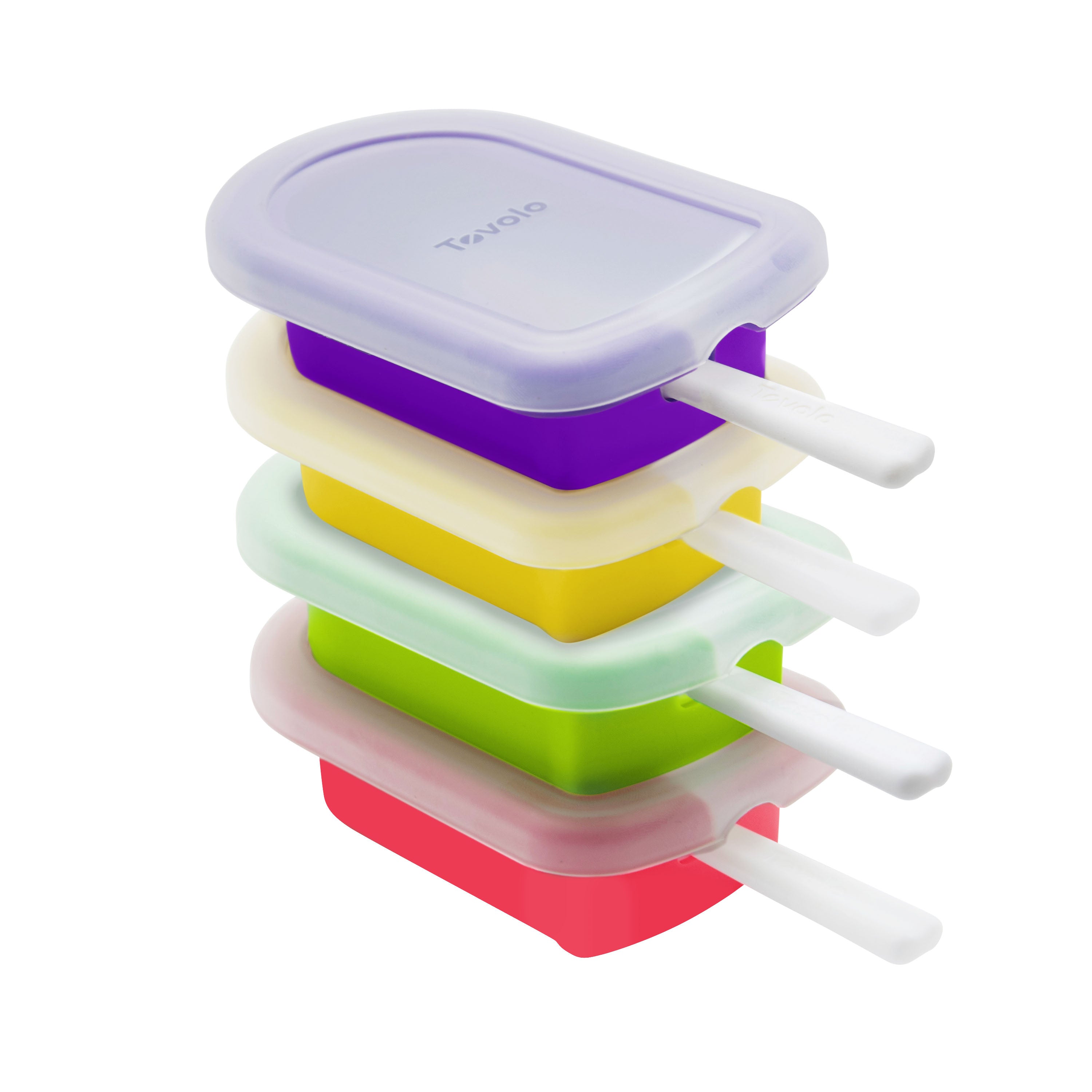 Pop Molds Stackable set includes four rectangular silicone popsicle molds in purple, white, green, and red with white sticks. The top mold has a translucent Tavolo-labeled lid, all shown on a white background.