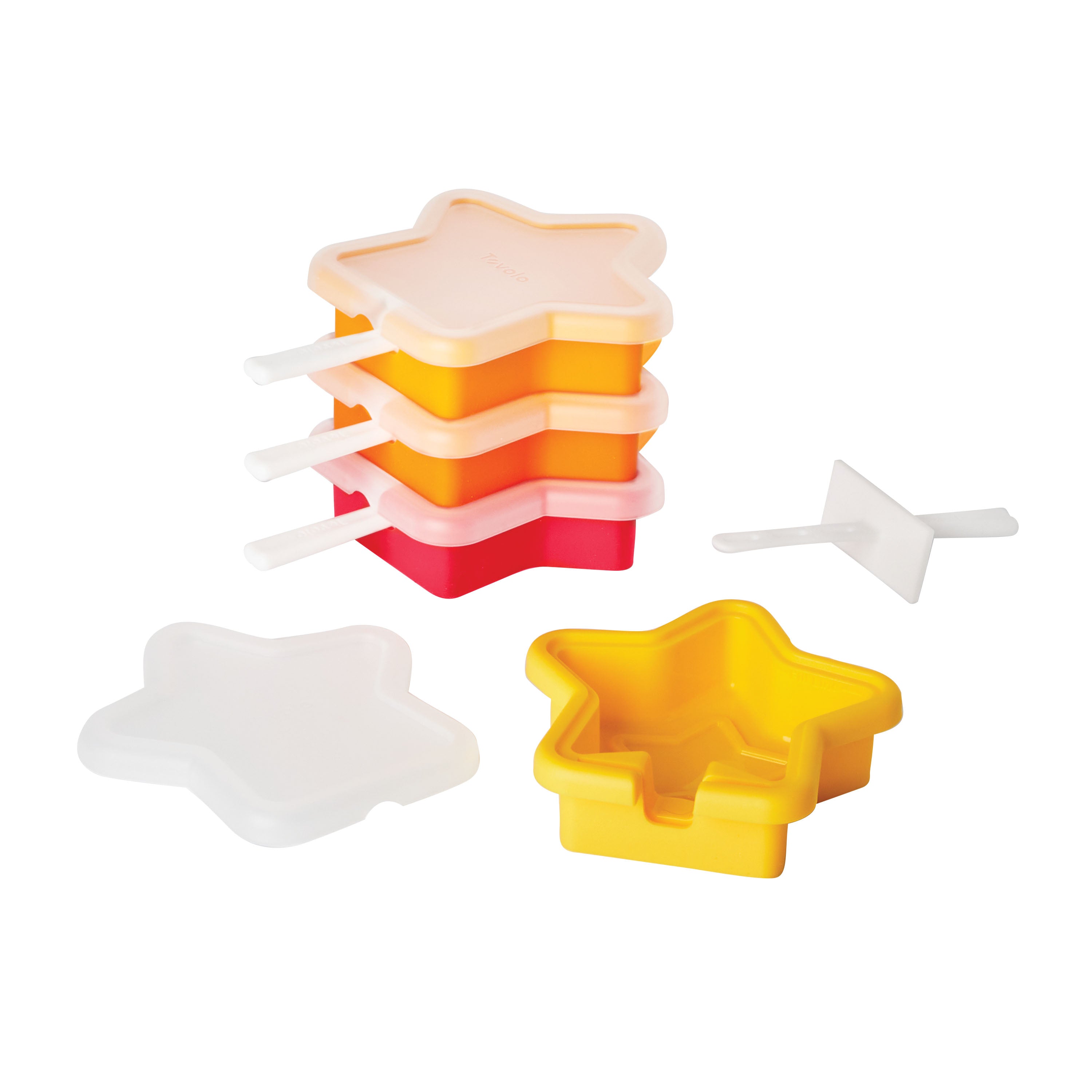 Pop Molds Stackable features colorful, stackable pop maker molds with lids and reusable sticks, shown in yellow, orange, and red star shapes on a white background.