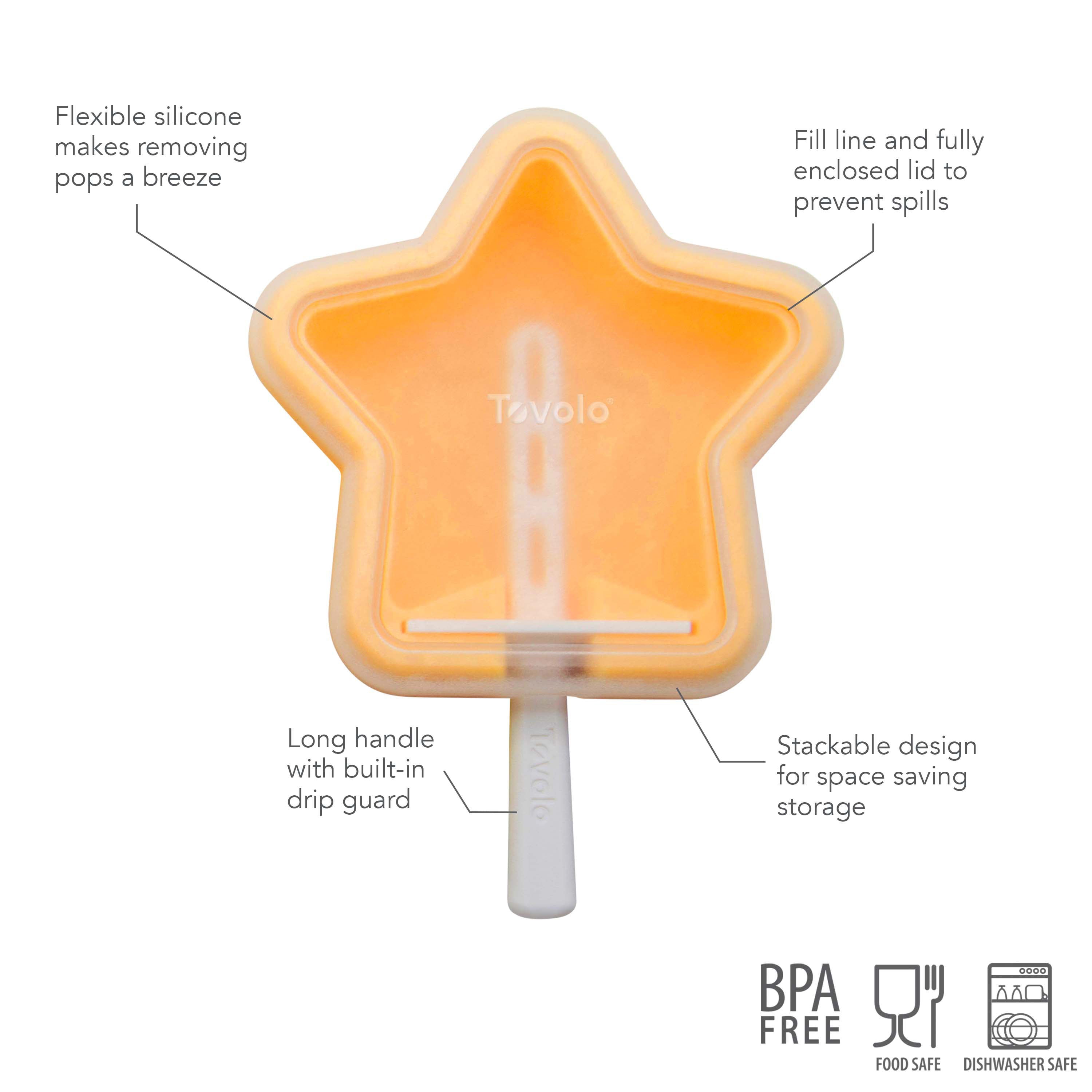 Pop Molds Stackable: A star-shaped orange silicone popsicle maker featuring flexible silicone, fill line, long handle with drip guard, and stackable design. BPA free, food safe, and dishwasher safe.