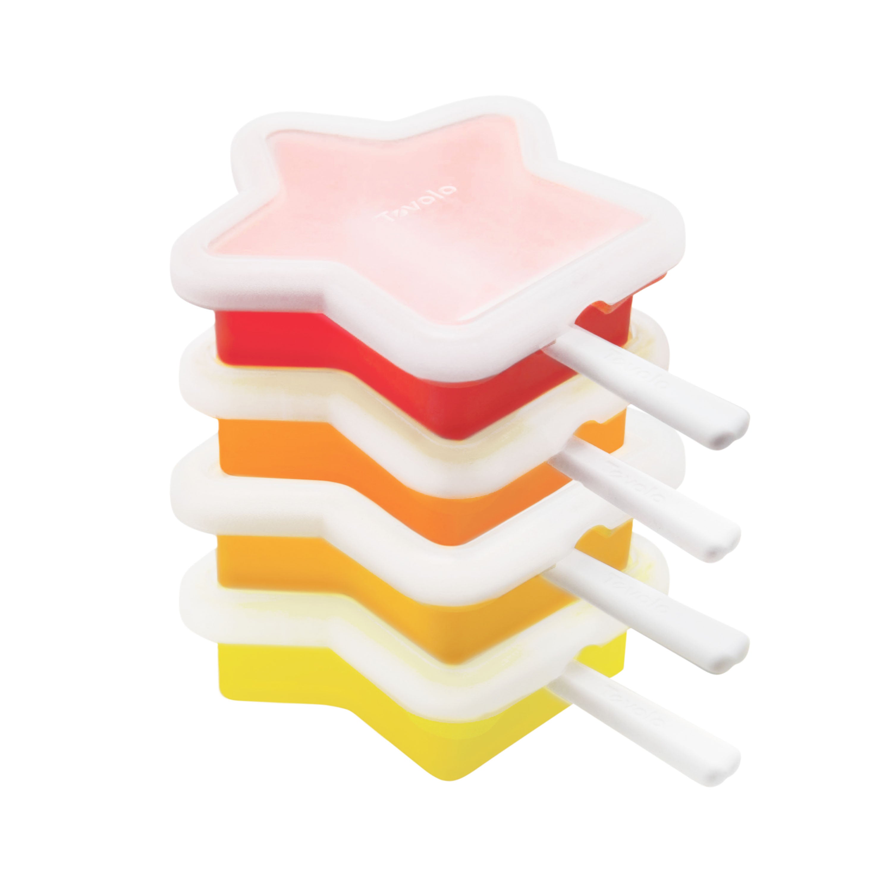 Pop Molds Stackable features four star-shaped pop maker molds in yellow, orange, red, and pink with white handles, designed to stack vertically for easy storage.