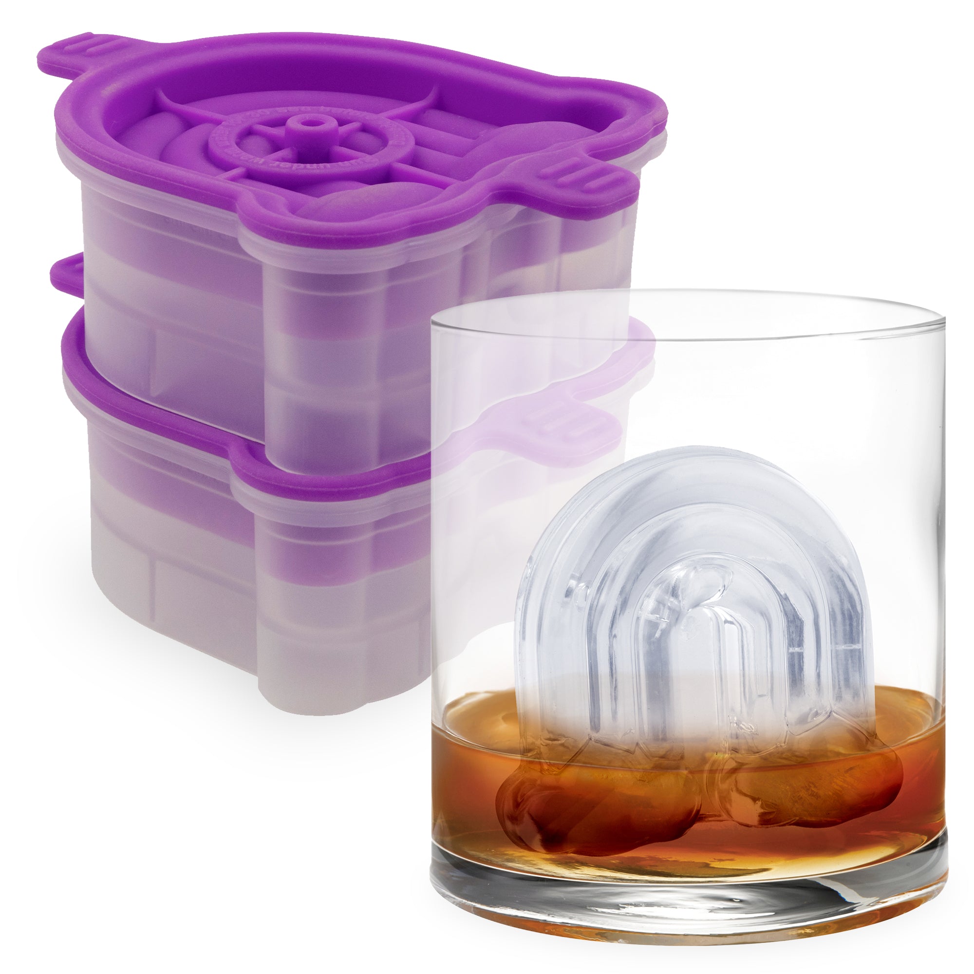Rainbow Ice, a purple silicone craft ice mold shaped like an arch, is stacked beside a glass of brown liquor featuring a large, clear arch-shaped ice cube made with the mold.