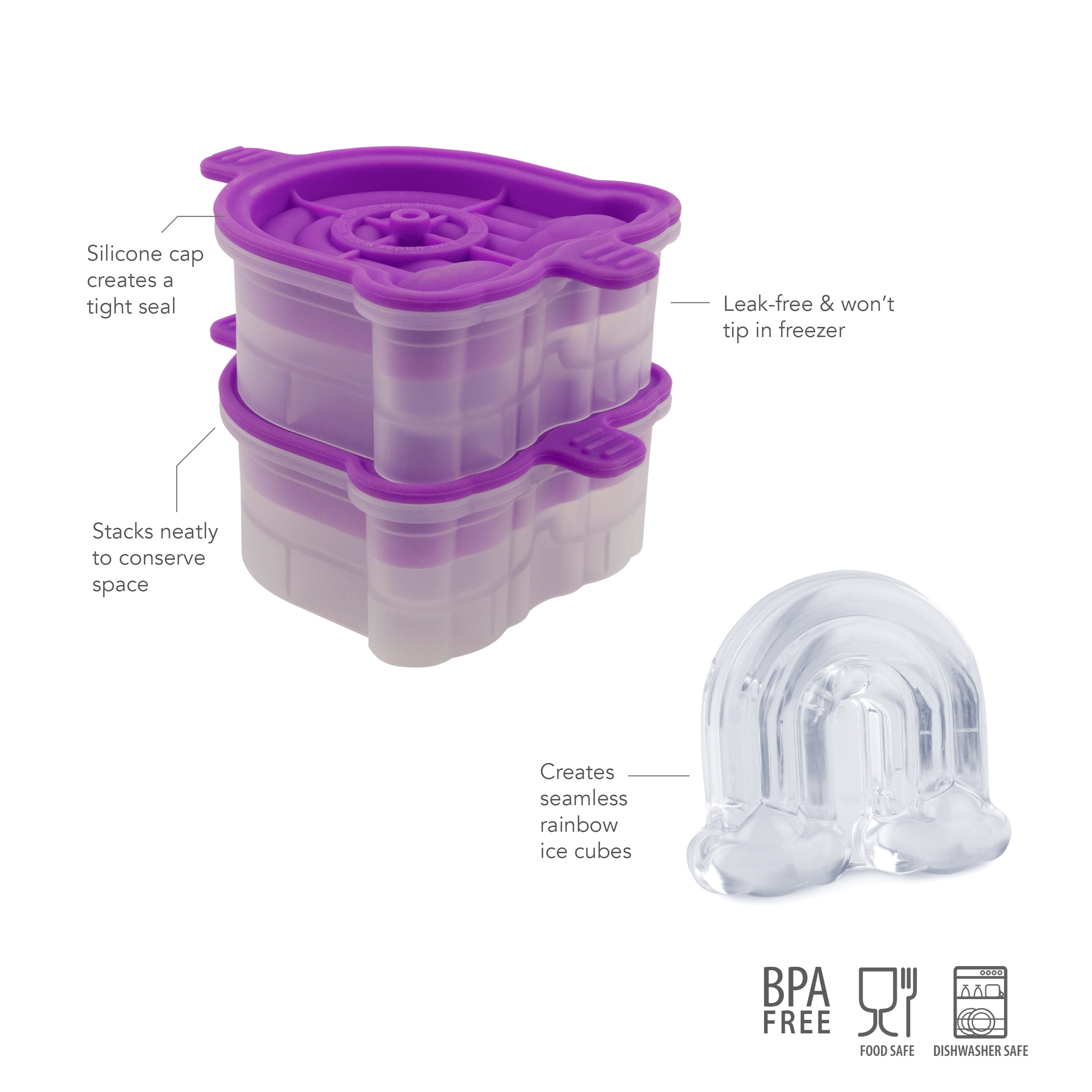 Rainbow Ice: Two stacked purple and clear silicone molds make rainbow-shaped ice cubes. Features include a tight-seal cap, leak-free design, neat stacking, and are BPA free, food safe, and dishwasher safe—perfect for craft ice.