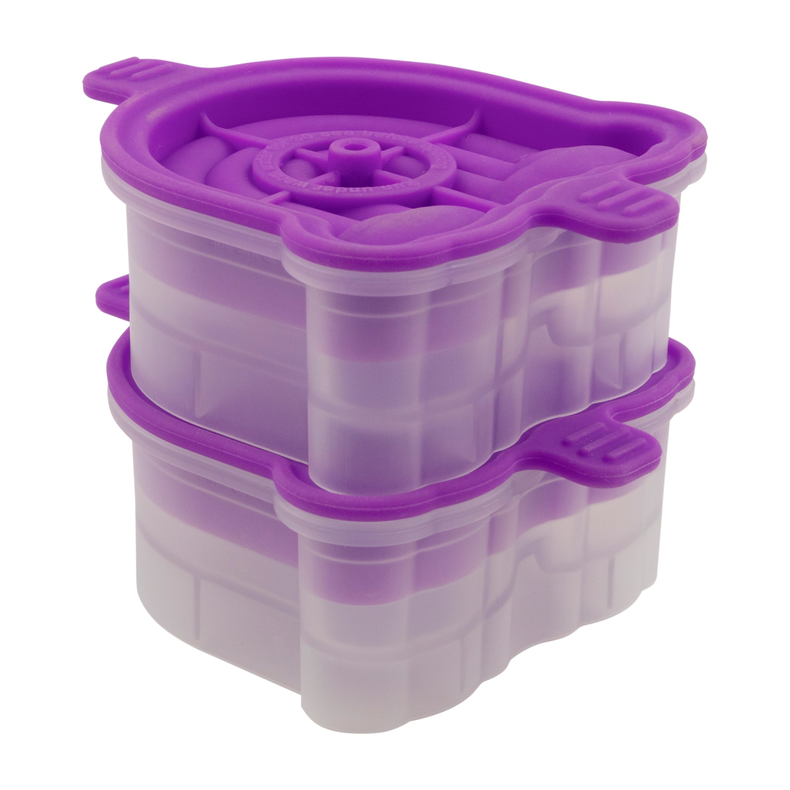 Two translucent, purple-tinted Rainbow Ice storage containers with matching swirled lids are stacked together. The lids, inspired by craft ice molds, feature side clips for a secure closure.