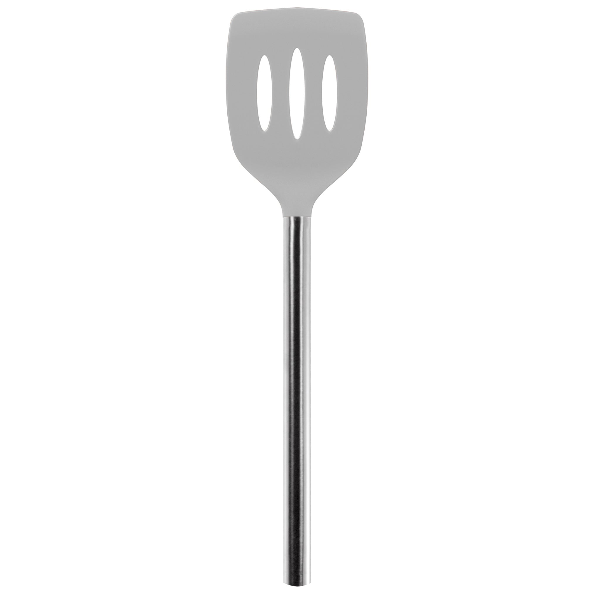 The Silicone Slotted Turner, featuring a stainless steel handle and a flat, slotted silicone head with three oval holes, is shown on a white background. Safe for nonstick cookware.
