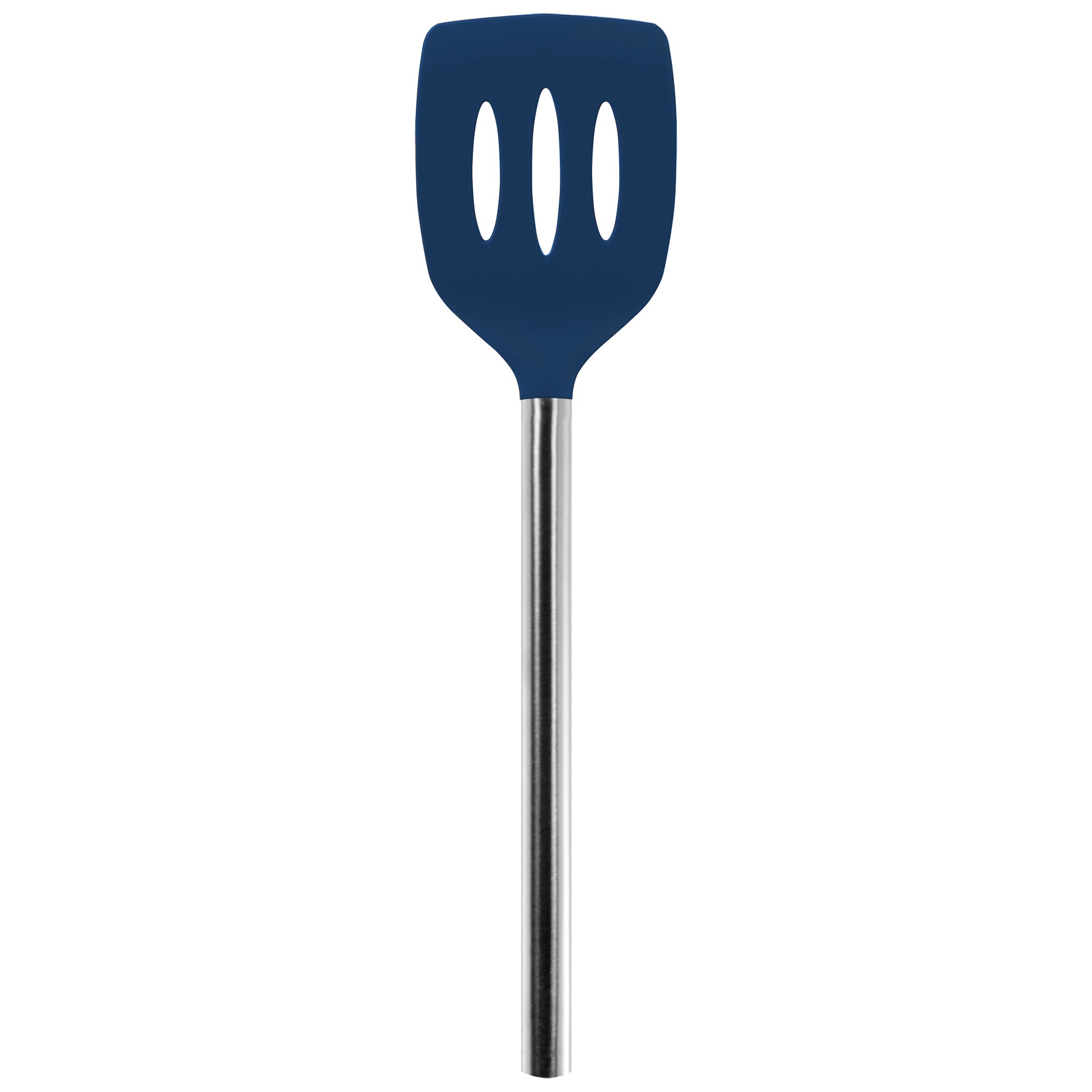 The Silicone Slotted Turner, featuring a blue silicone head with three oval slots and a long silver handle, is displayed on a plain white background. It’s nonstick safe and ideal for everyday cooking.