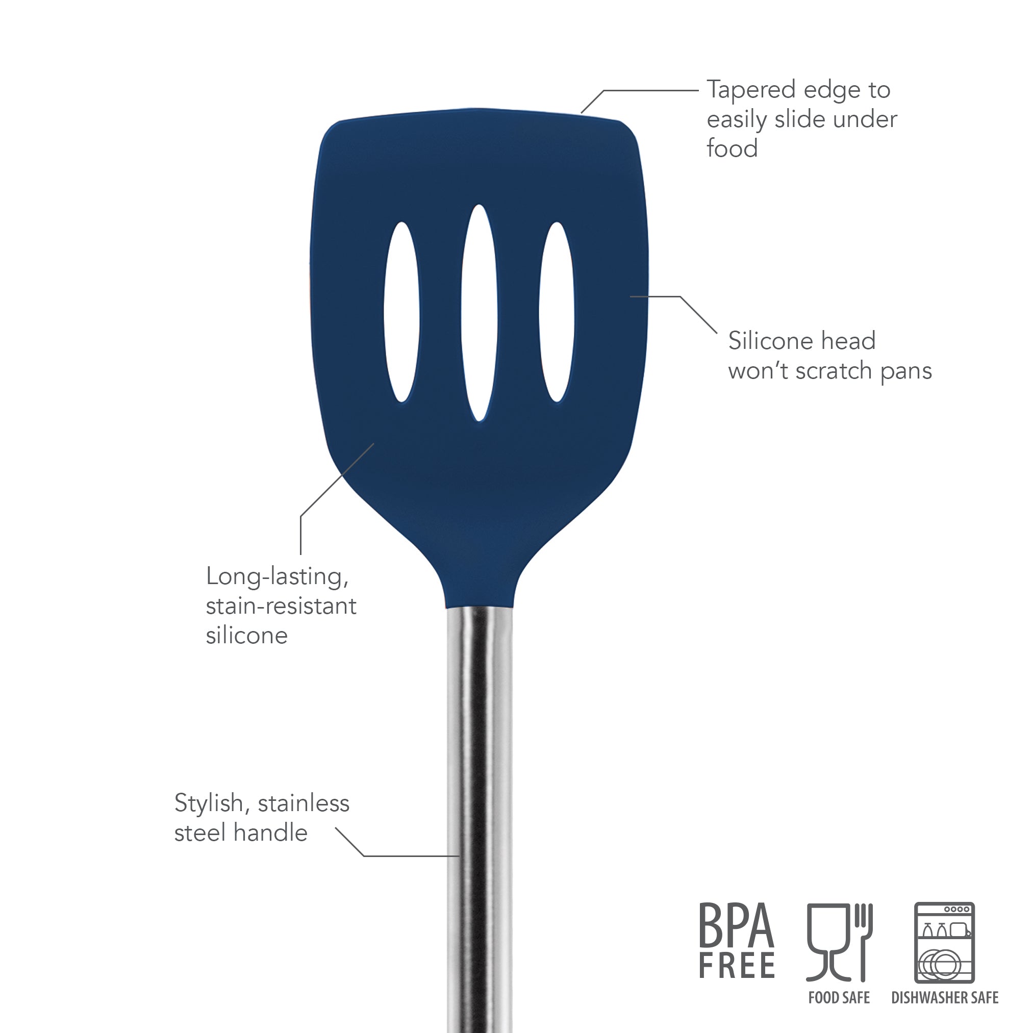 The Silicone Slotted Turner features a blue silicone head with cut-out slots, a stainless steel handle, tapered edge, and is nonstick safe, long-lasting, stain-resistant, BPA-free, food-safe, and dishwasher-safe.