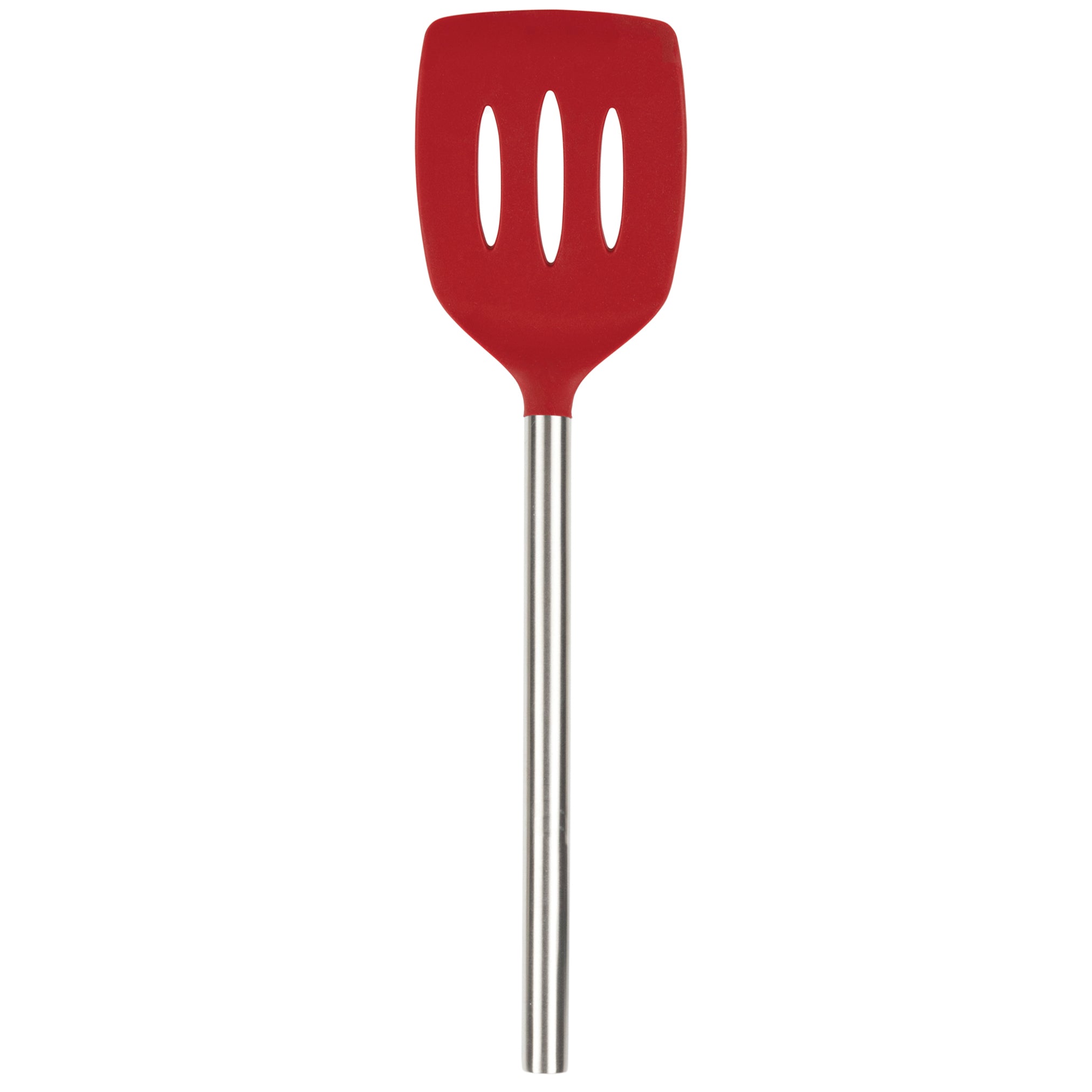 The Silicone Slotted Turner, featuring a red nonstick-safe silicone head and a stainless steel handle, is shown upright against a white background.