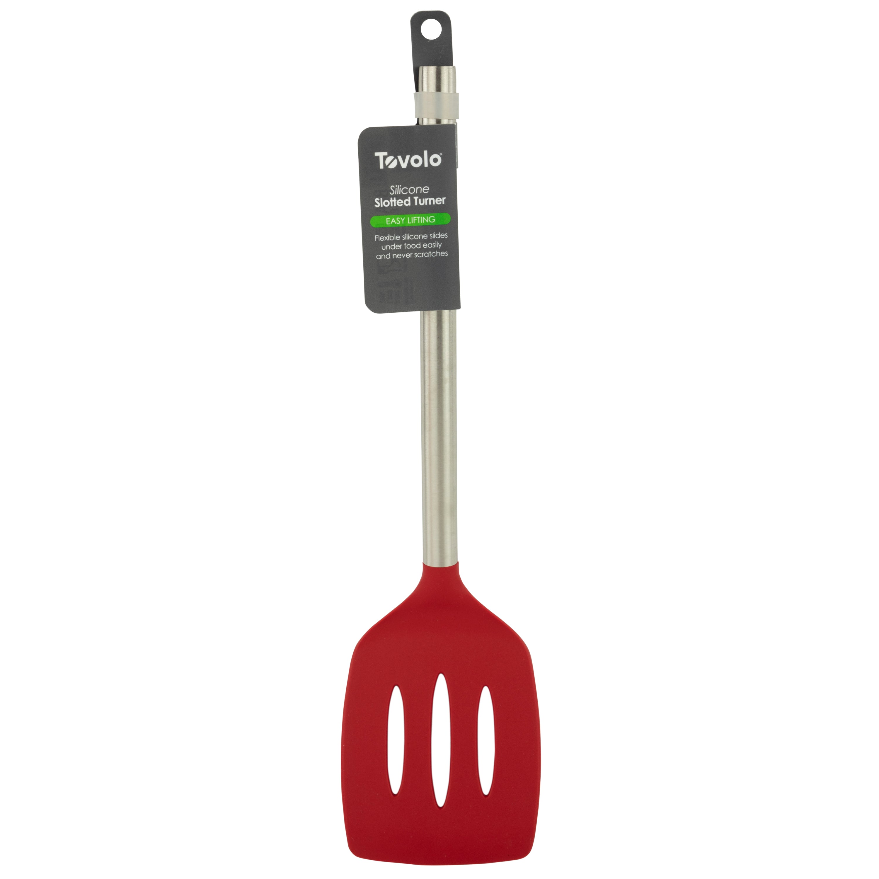 The Silicone Slotted Turner features a red silicone head, stainless steel handle, and hanging hole, making it a practical and stylish nonstick-safe tool for your kitchen.