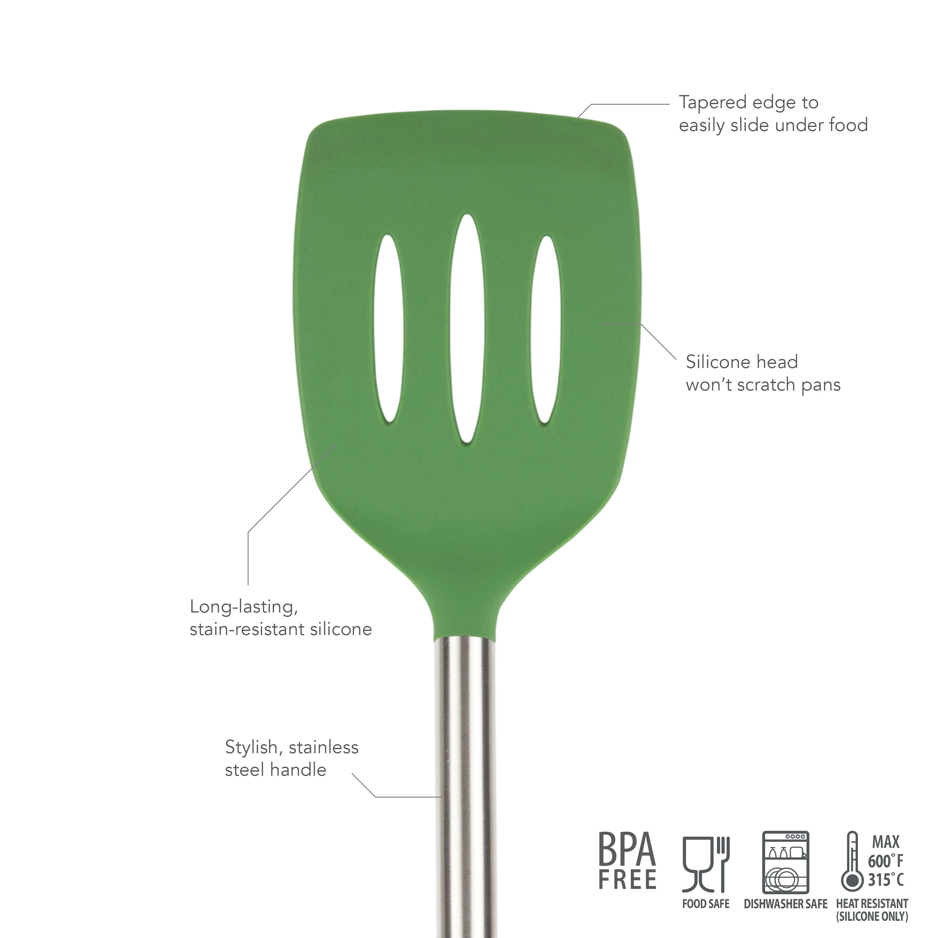 The Silicone Slotted Turner features a green, non-scratch, nonstick safe silicone head with a tapered edge and durable stainless steel handle. BPA-free, food safe, dishwasher safe, heat resistant, and made from long-lasting materials.