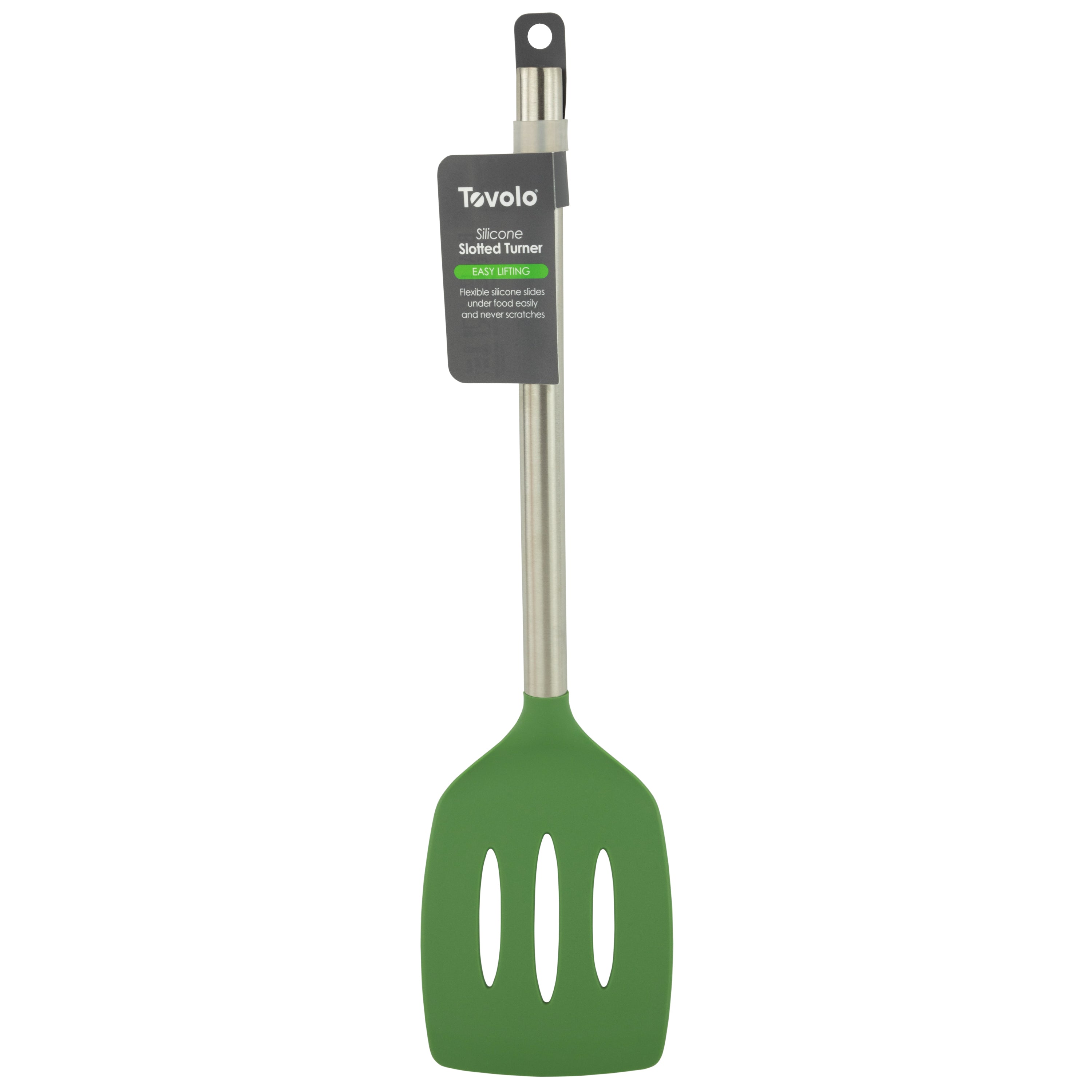 The Silicone Slotted Turner features a green silicone head and stainless steel handle, shown against a white background. This nonstick-safe spatula is ideal for everyday cooking tasks.