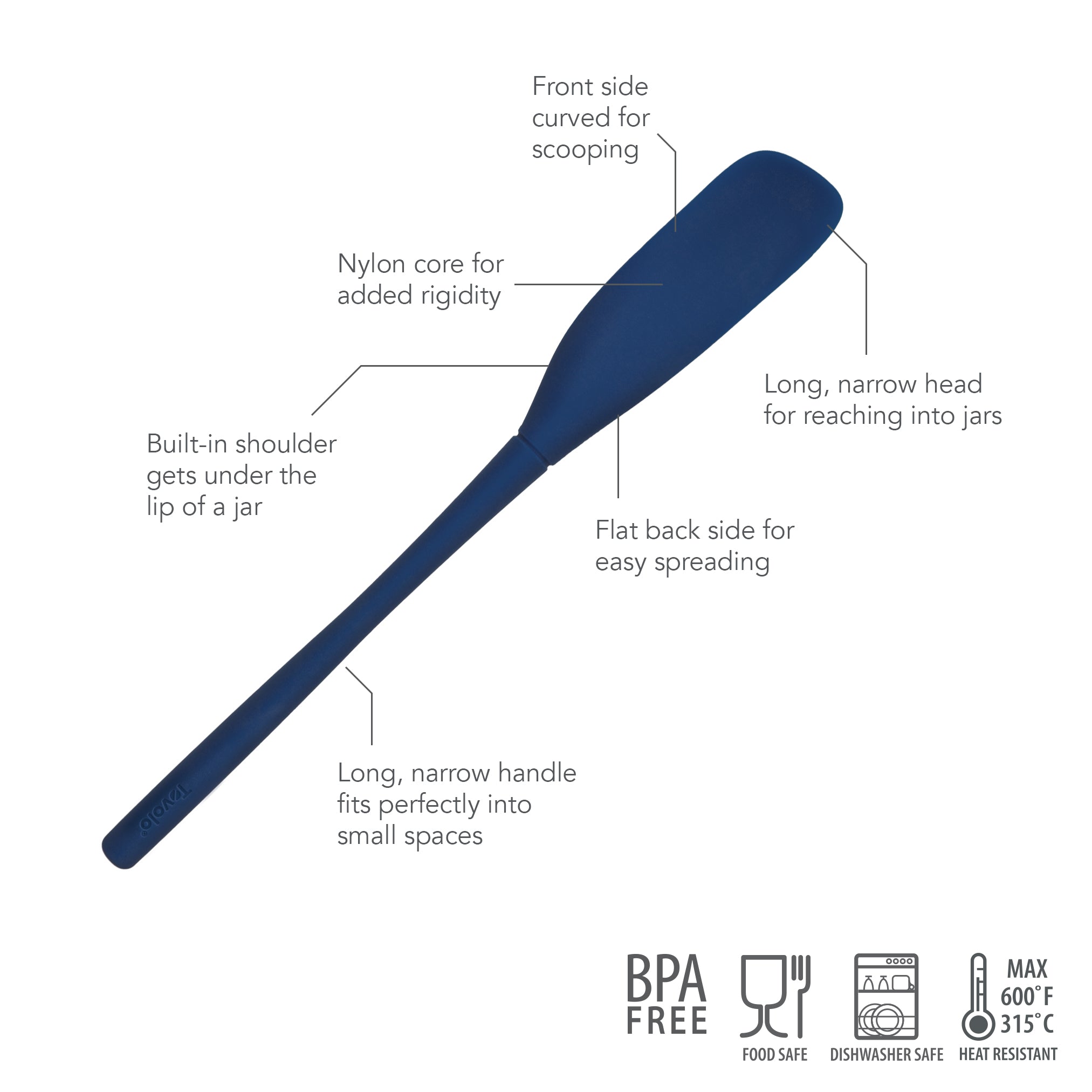 The Flex-Core Jar Scraper is a versatile blue silicone kitchen tool with a curved front for scooping, built-in shoulder and long head for jars, flat back for spreading, and is BPA free, food safe, and heat resistant up to 600°F.