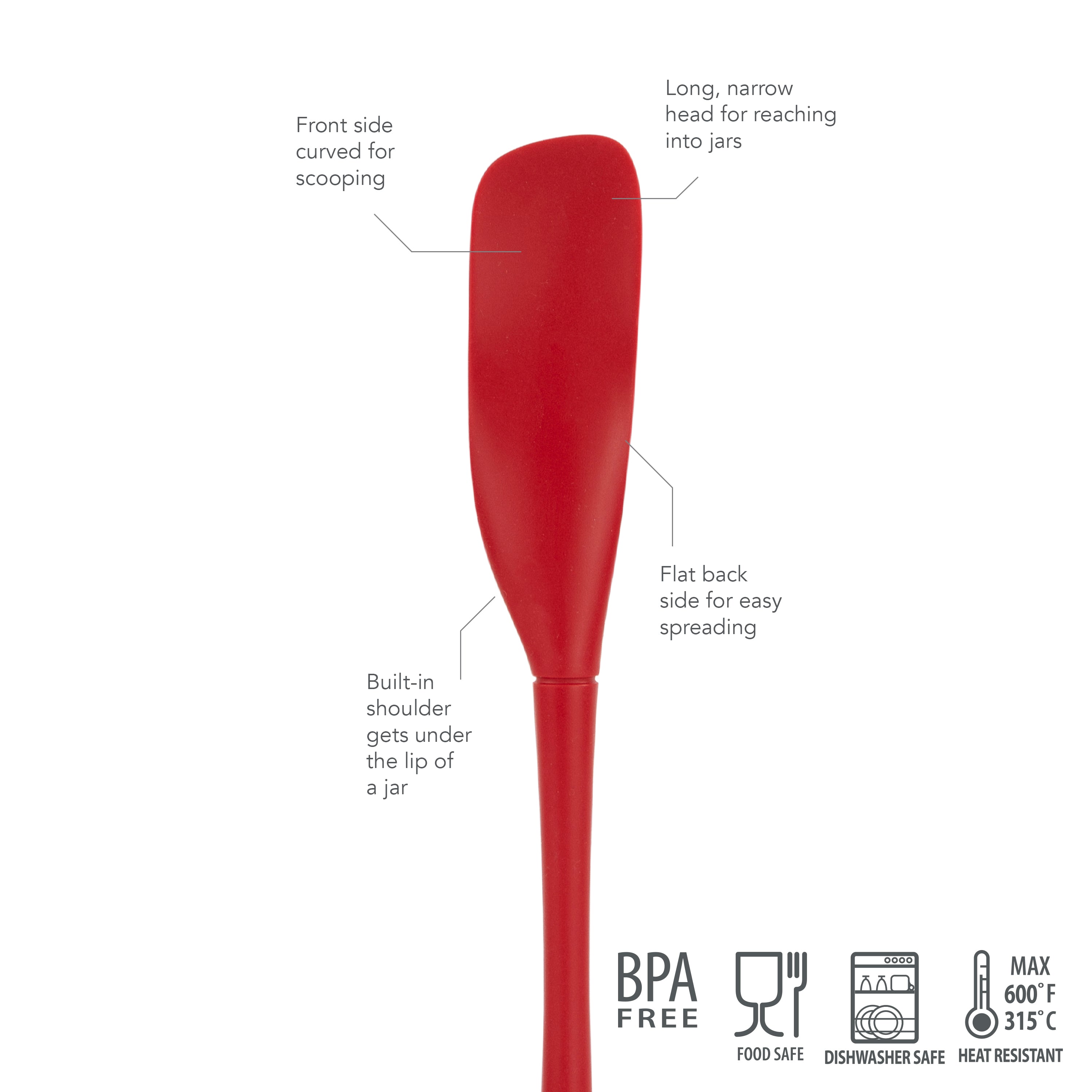 The Flex-Core Jar Scraper is a BPA-free, food-safe red silicone tool with a curved front for scooping, long narrow head for jars, flat back for spreading, built-in shoulder, and is dishwasher safe and heat resistant to 600°F.