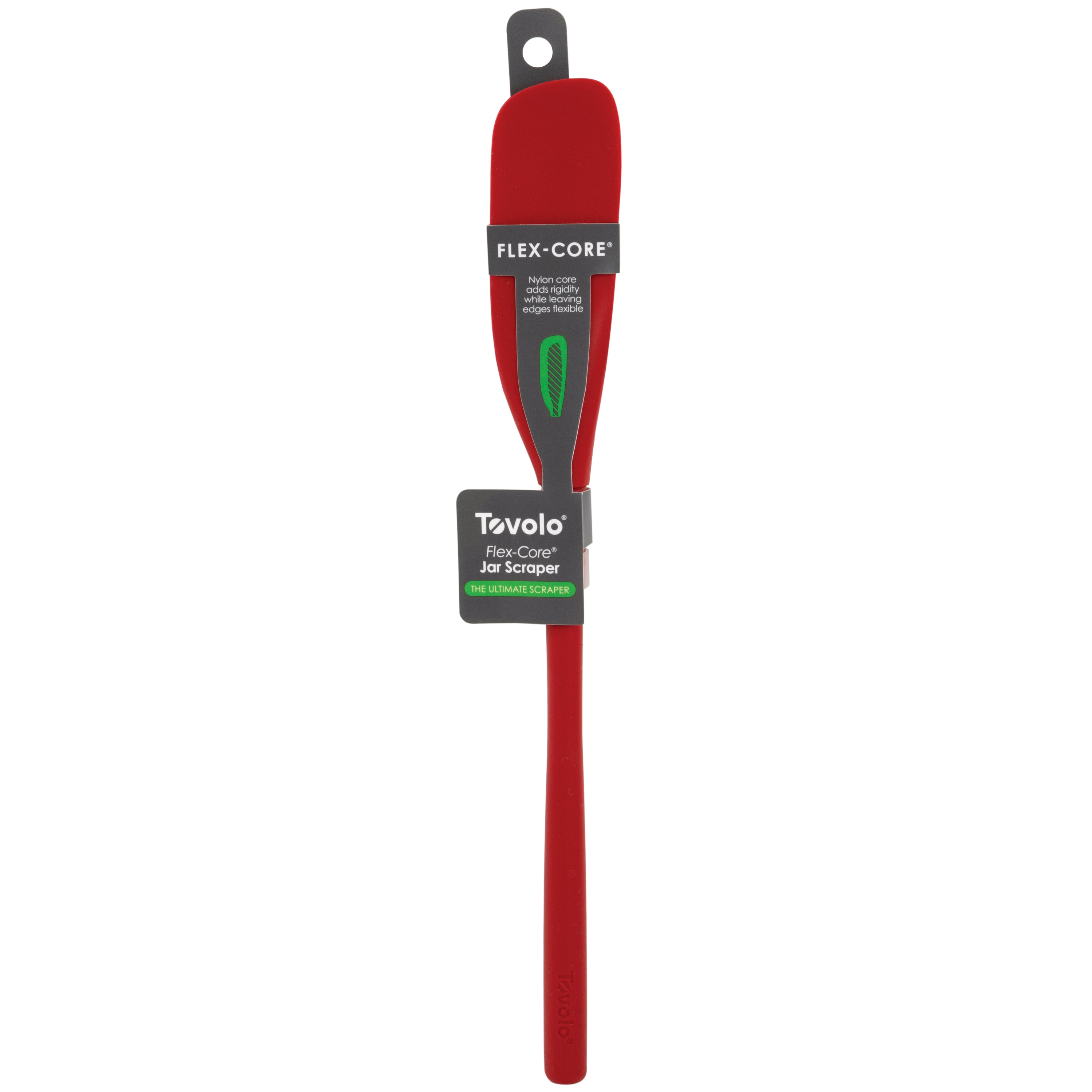 The Flex-Core Jar Scraper is a red Tovolo silicone spatula with a long handle and gray label near the top, displaying product info. It has a hanging hole at the end, making it an essential kitchen tool.