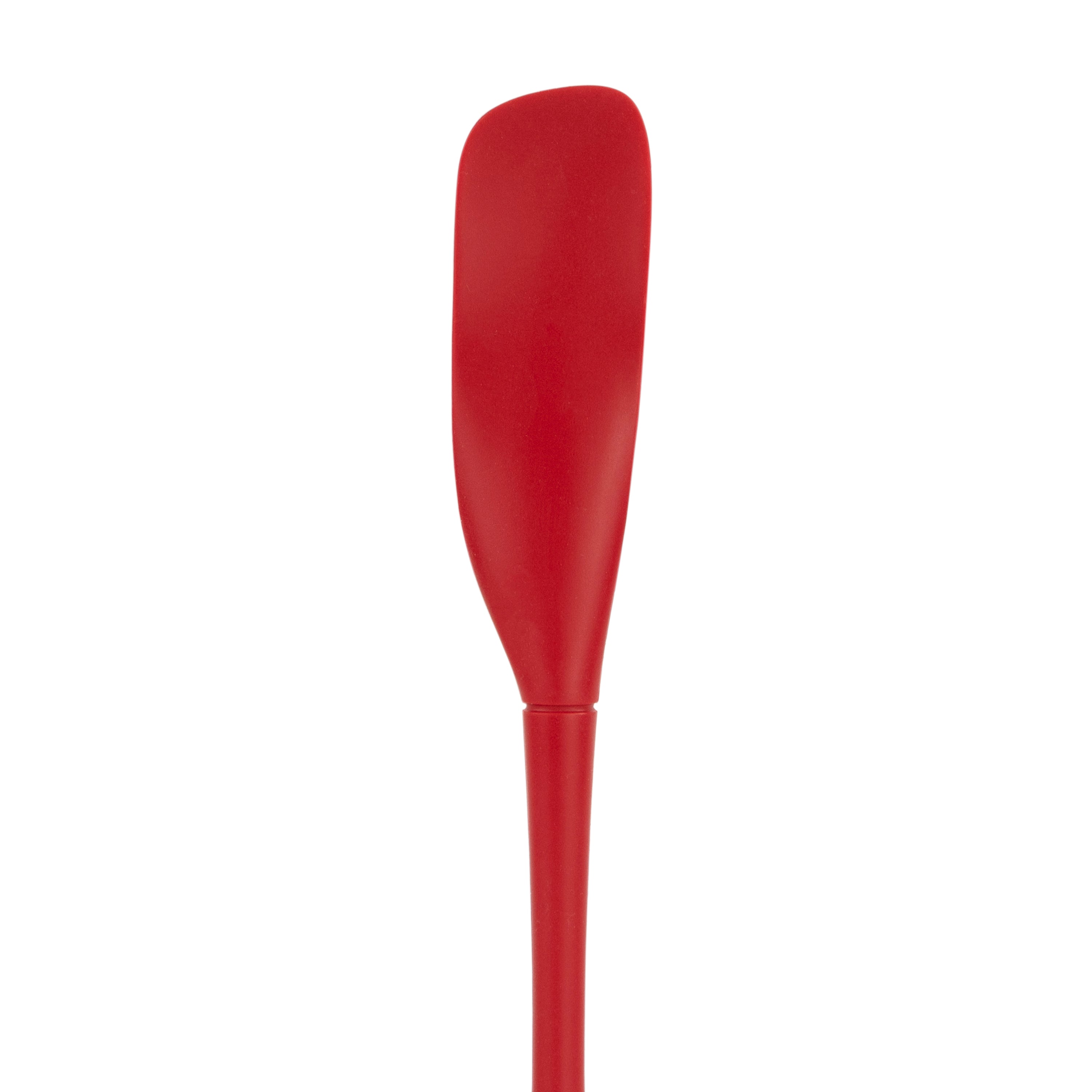 The Flex-Core Jar Scraper, shown on a white background, is a red silicone spatula with a long handle and a flat, slightly curved blade—perfect for scraping jars.