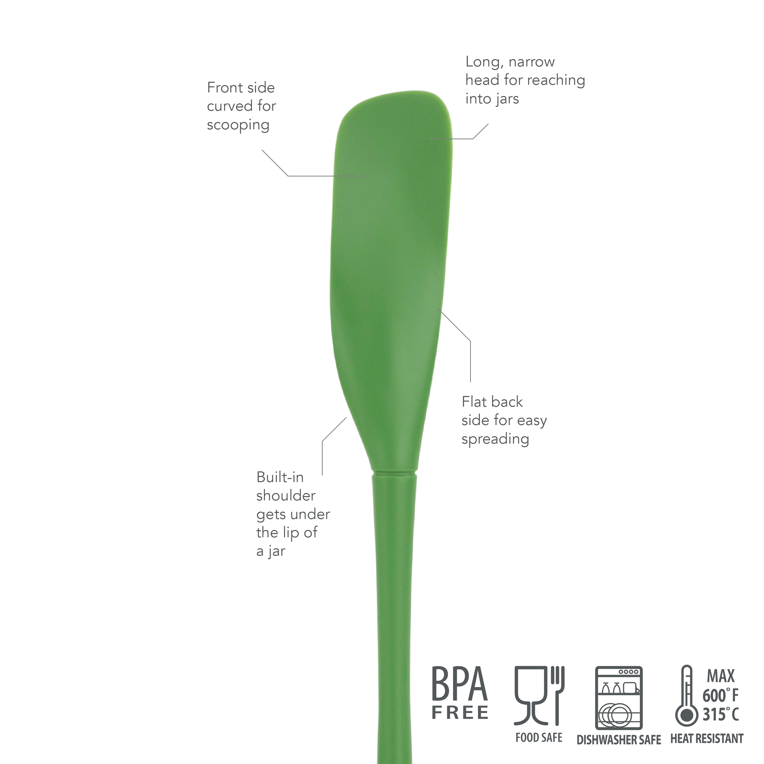 The Flex-Core Jar Scraper is a green silicone spatula with a curved front for scooping, flat back for spreading, slender head for scraping jars, and is BPA-free, food safe, dishwasher safe, and heat resistant up to 600°F.