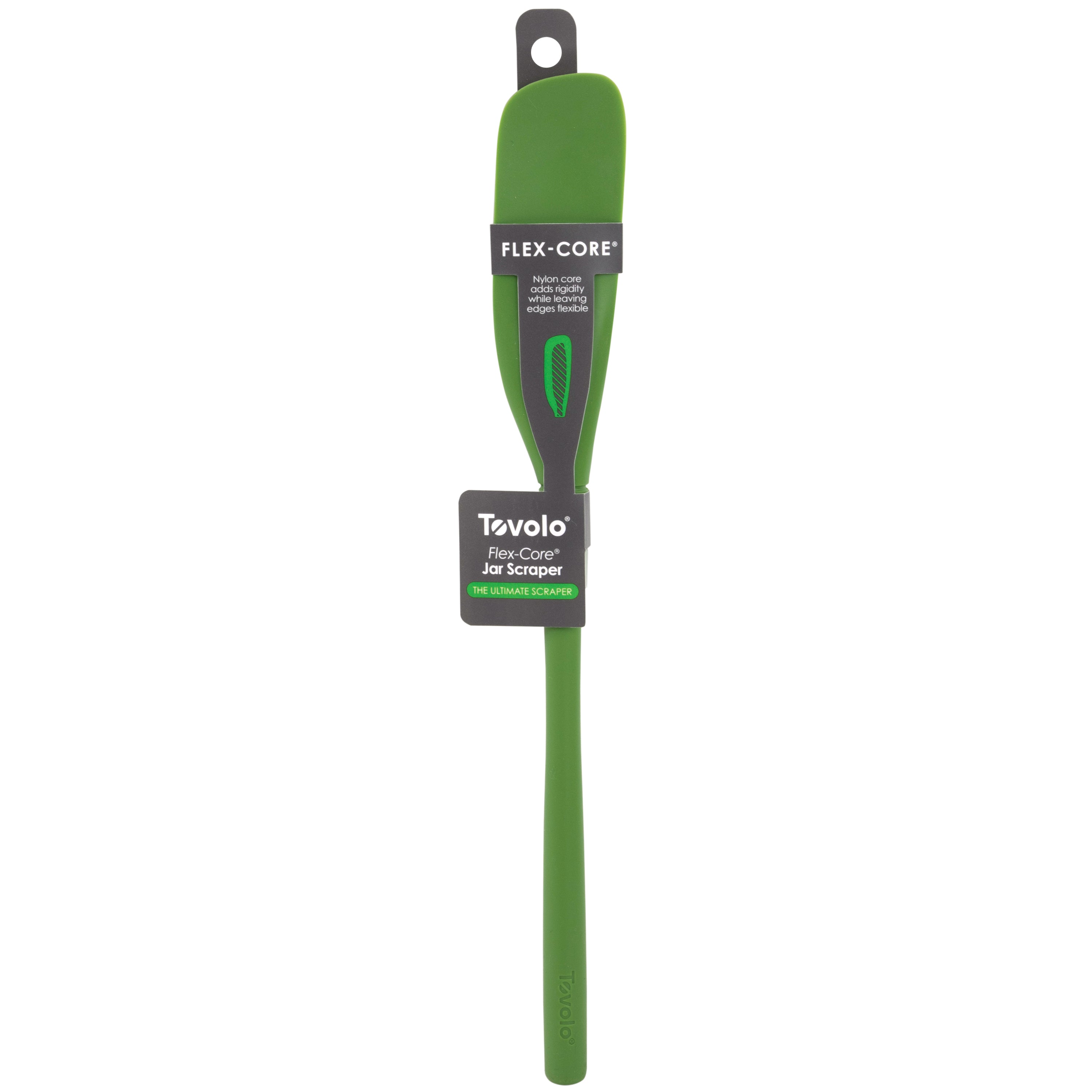 The Flex-Core Jar Scraper features a long handle and flexible green silicone head, perfect for reaching every last bit—shown in packaging, it’s a must-have kitchen tool.