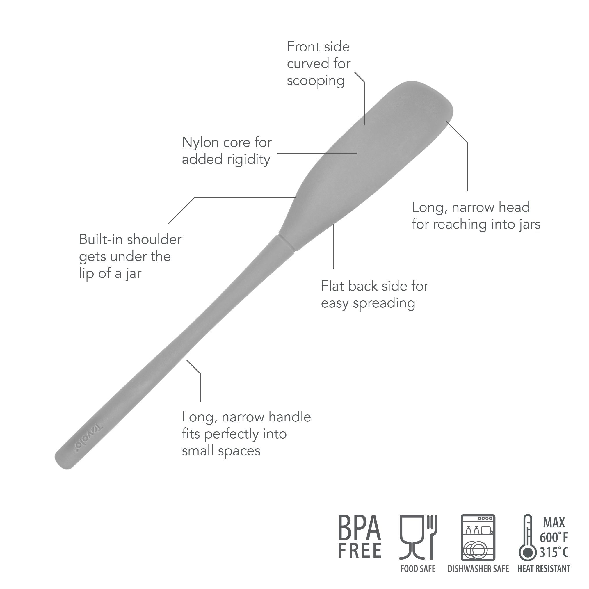 The Flex-Core Jar Scraper is a versatile, BPA-free silicone spatula with a curved front for scooping, sturdy nylon core, built-in jar scraper shoulder, flat back for spreading, narrow head for jars, long handle, and is heat resistant.