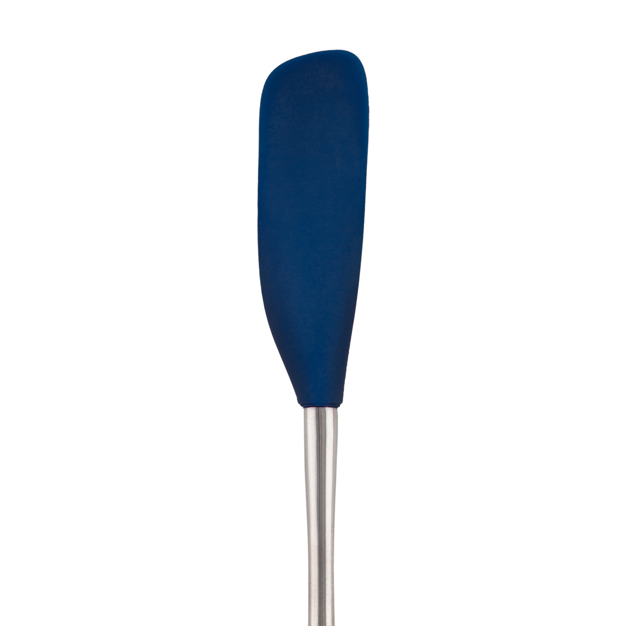 The Flex-Core Jar Scraper, featuring a metal handle and solid dark blue silicone head, stands upright against a white background—a versatile kitchen tool ideal for scraping jars and tackling various cooking tasks.