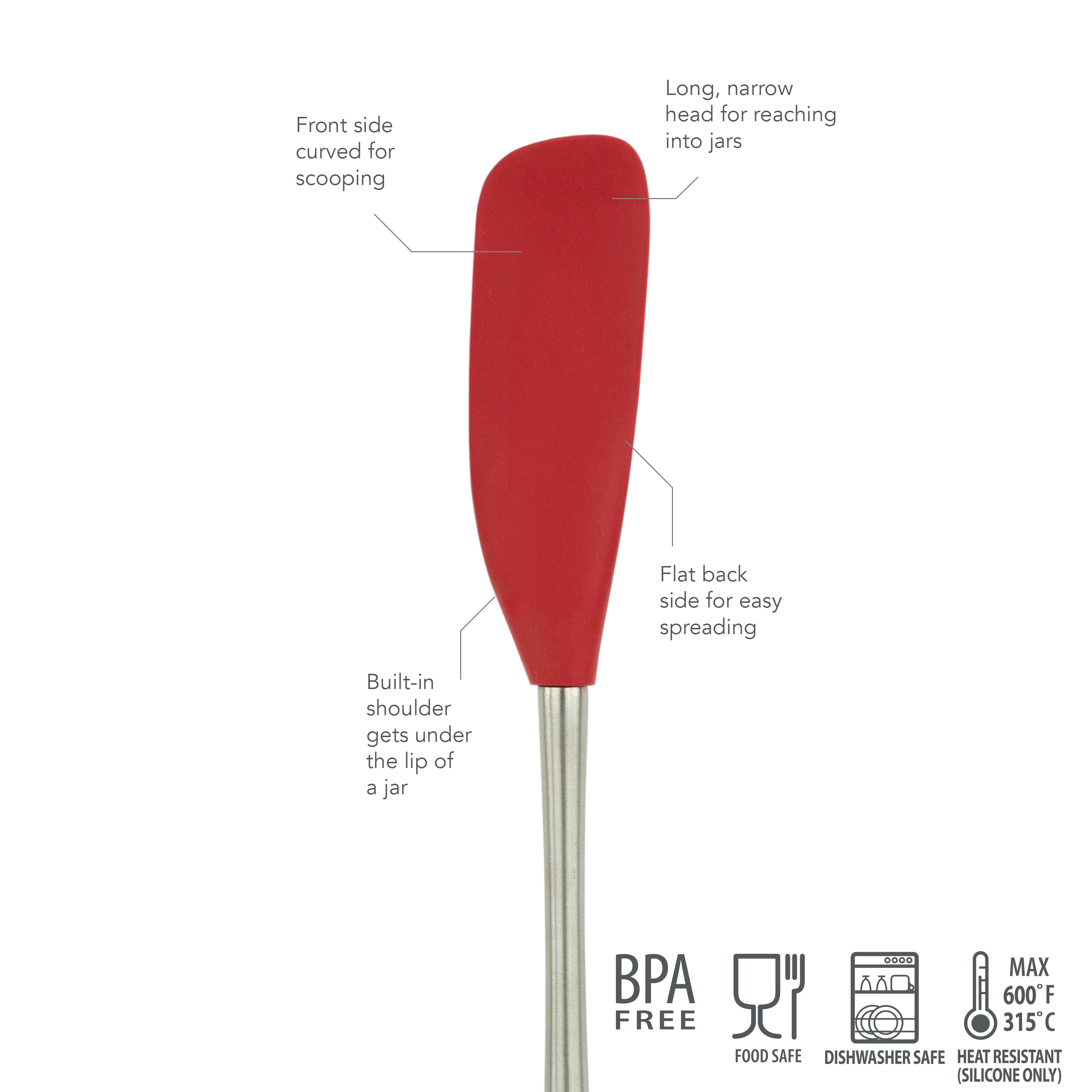 The Flex-Core Jar Scraper is a red silicone spatula with a long, narrow head for jars, flat back for spreading, curved front for scooping, and a built-in shoulder. It's BPA free, food safe, dishwasher safe, and heat resistant.