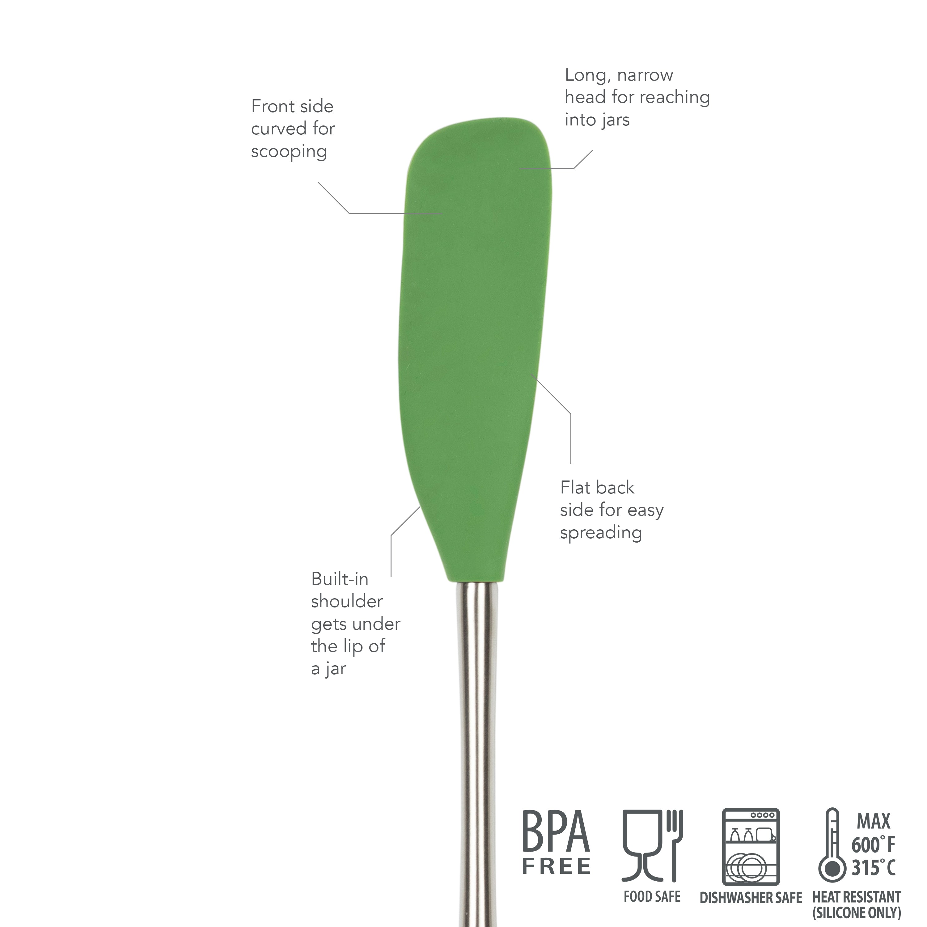 The Flex-Core Jar Scraper is a green silicone spatula with a long, curved head and built-in shoulder, ideal for scooping jars. It’s BPA-free, food safe, dishwasher safe, and has high heat resistance, as shown by the icons.
