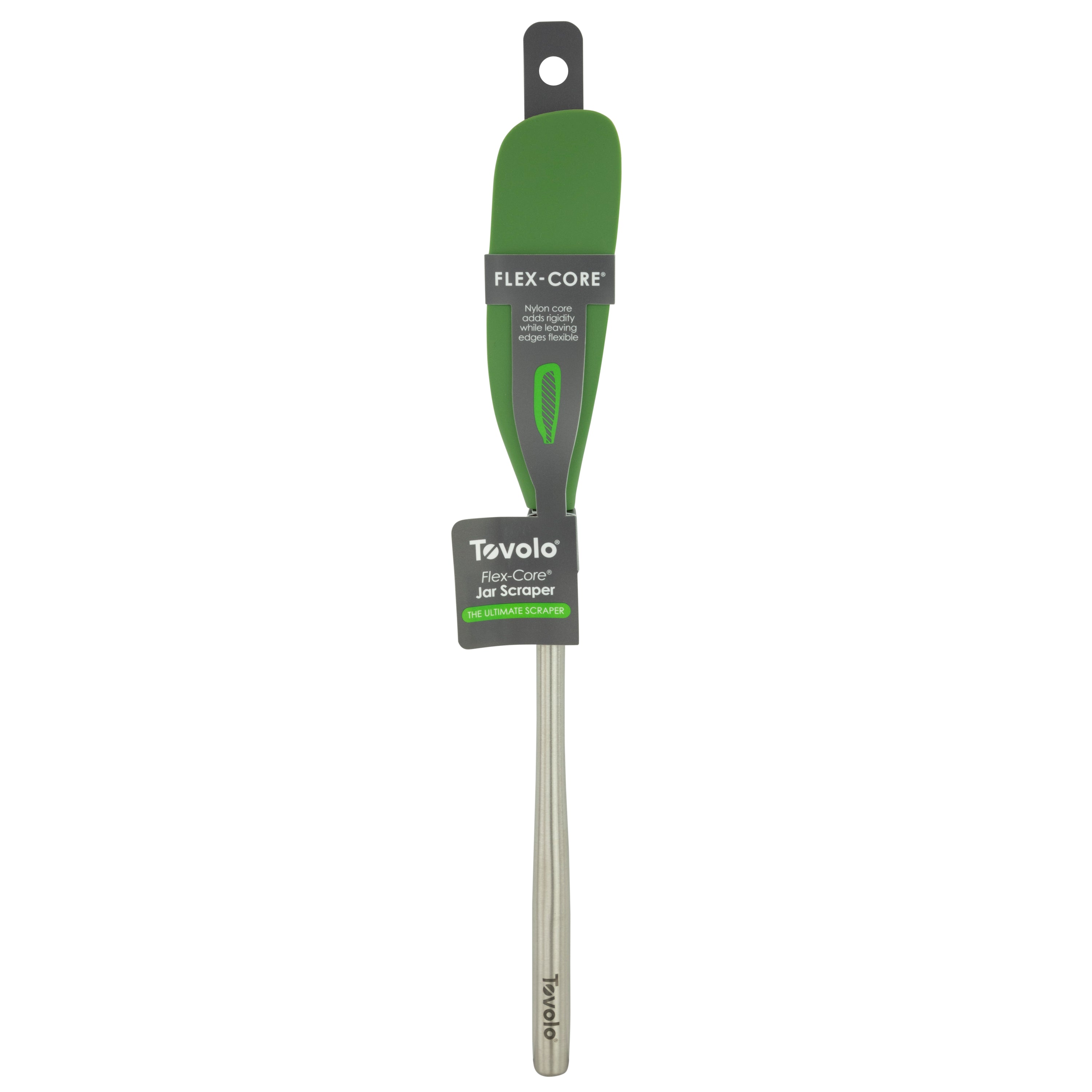 The Flex-Core Jar Scraper is a green silicone spatula with a stainless steel handle, shown in packaging. This versatile Tovolo tool is ideal for efficient scraping and mixing, making it essential for any kitchen.