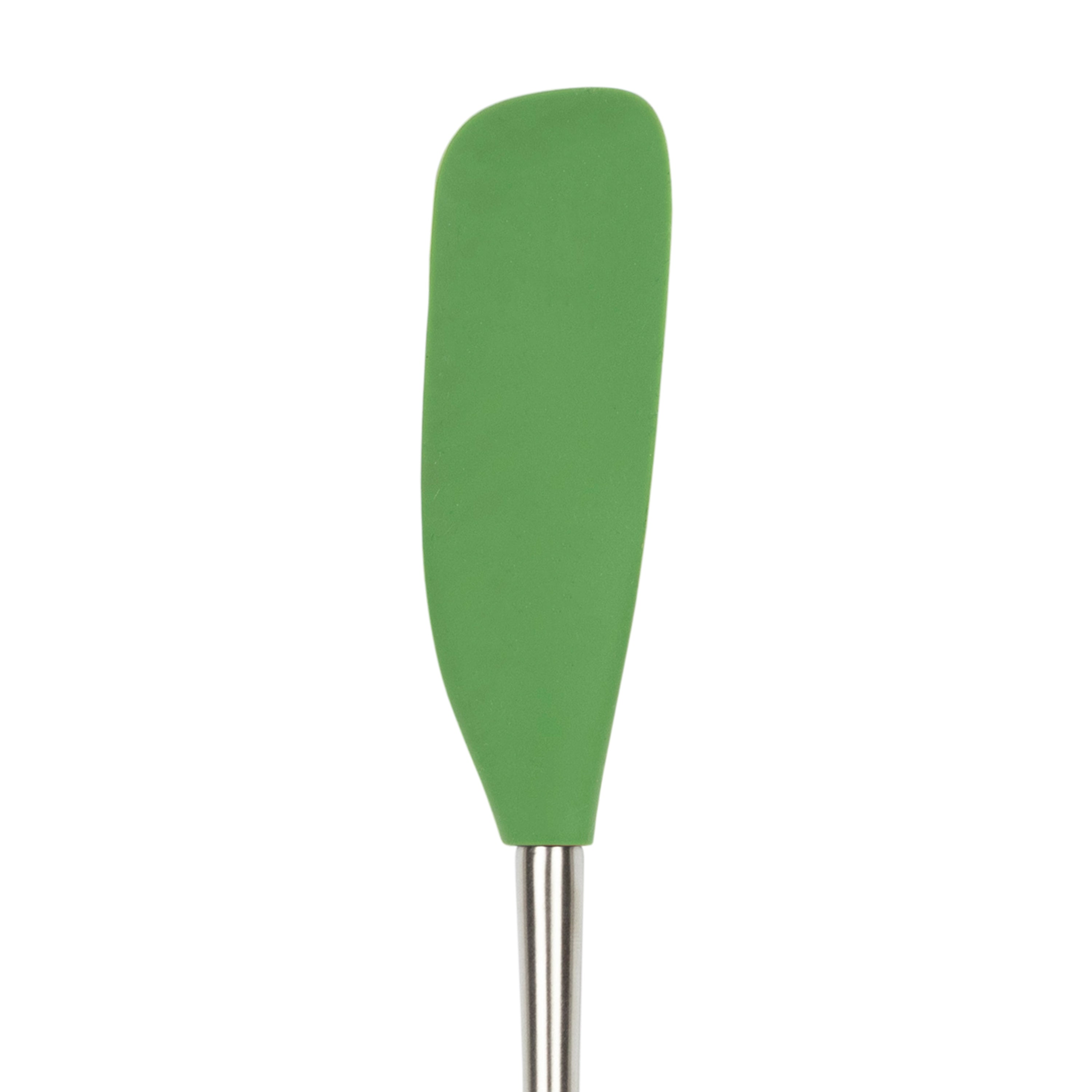 The Flex-Core Jar Scraper, a green silicone kitchen tool with a rounded rectangular blade and sturdy metal handle, is shown against a white background.