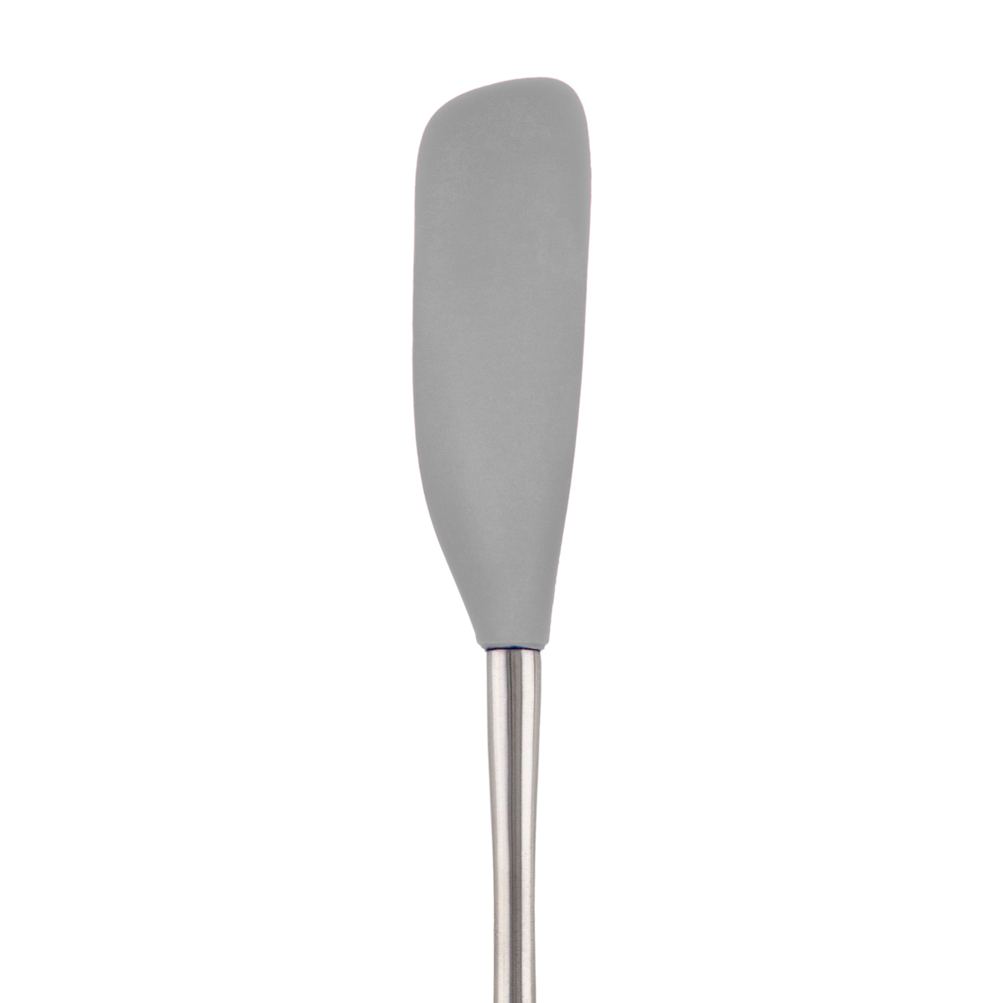 The Flex-Core Jar Scraper, a versatile grey silicone spatula with a long metal handle, is shown upright against a white background.