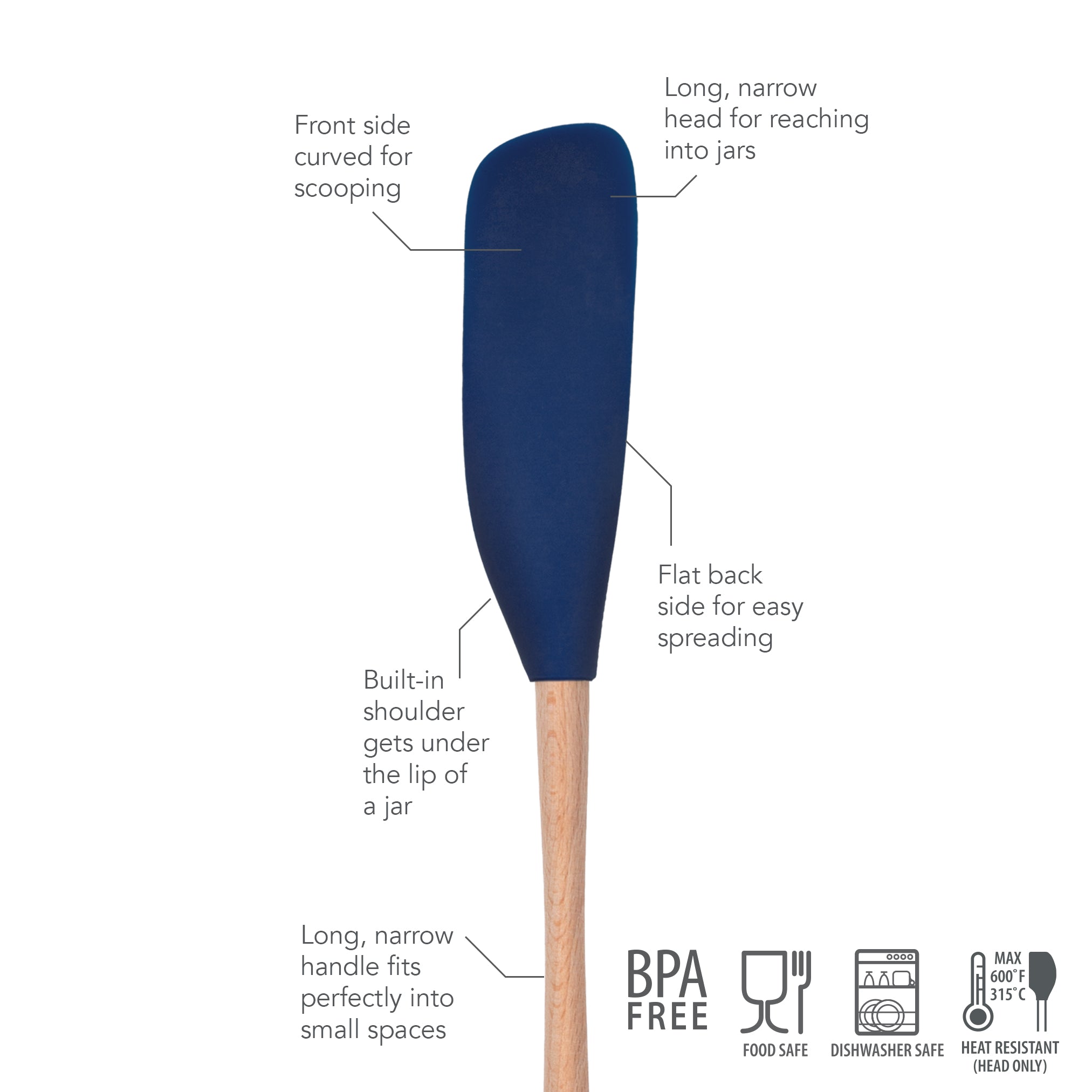 The Flex-Core Jar Scraper is a blue silicone kitchen tool with a long, narrow head for jars, a built-in shoulder for scraping, and a slim handle. It’s BPA-free, food safe, dishwasher safe, and heat resistant.