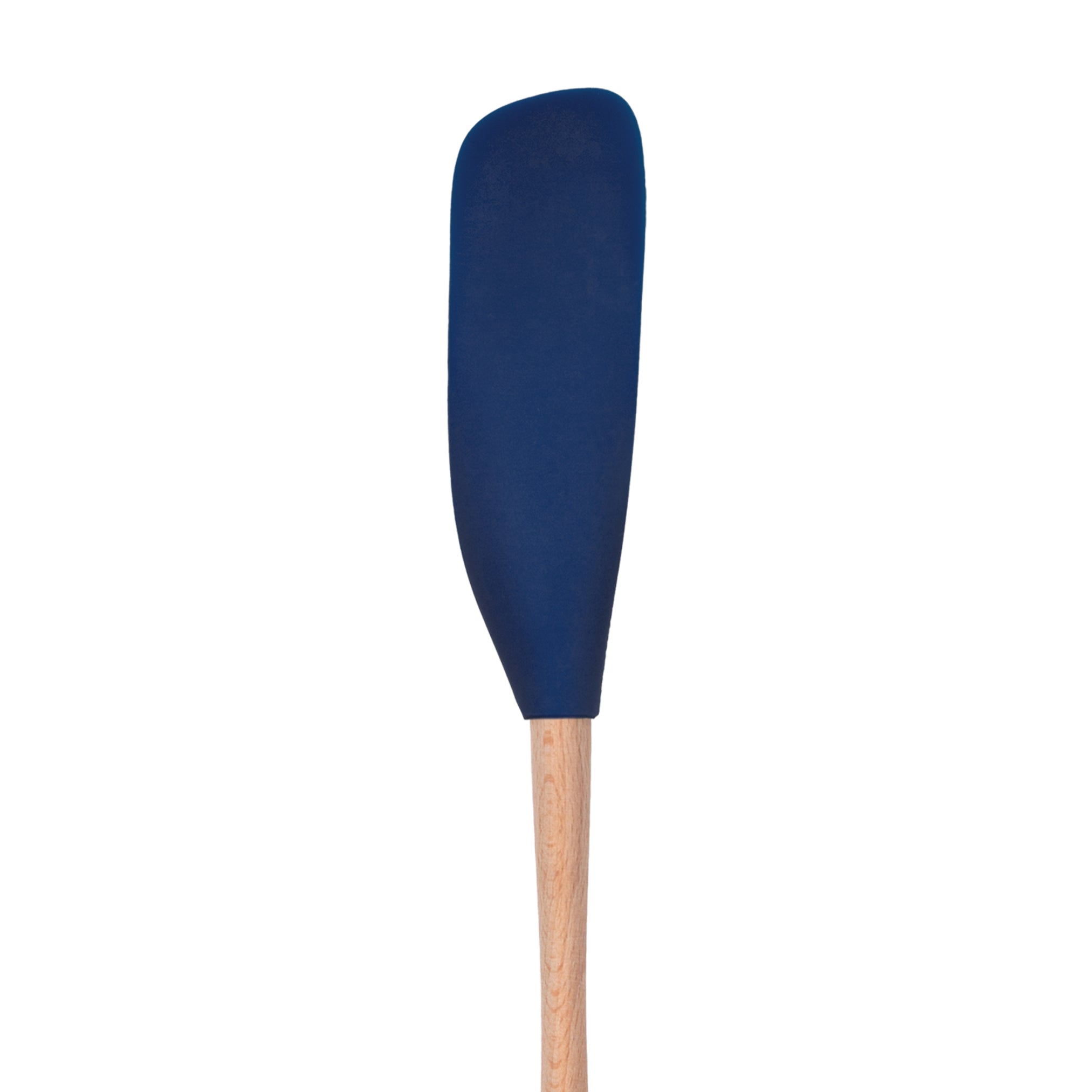 The Flex-Core Jar Scraper features a wooden handle and a dark blue silicone rectangular head, making it ideal for jars or versatile kitchen use. Shown vertically against a plain white background.