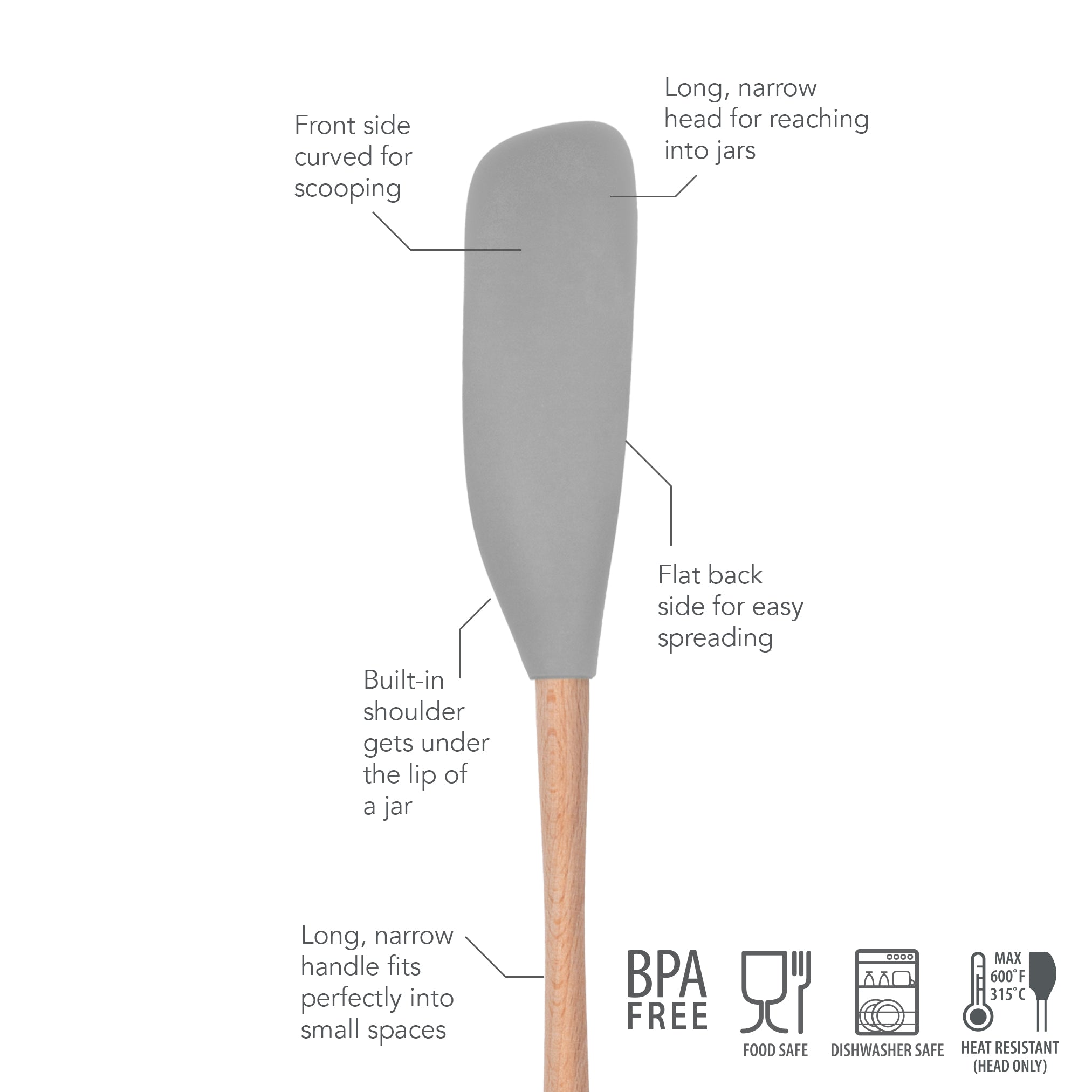 The Flex-Core Jar Scraper is a grey, BPA-free silicone spatula with a curved front for scooping, a long narrow head for jars, a flat back for spreading, and a slim handle. Food safe, dishwasher safe, and heat resistant to 315°C (head only).