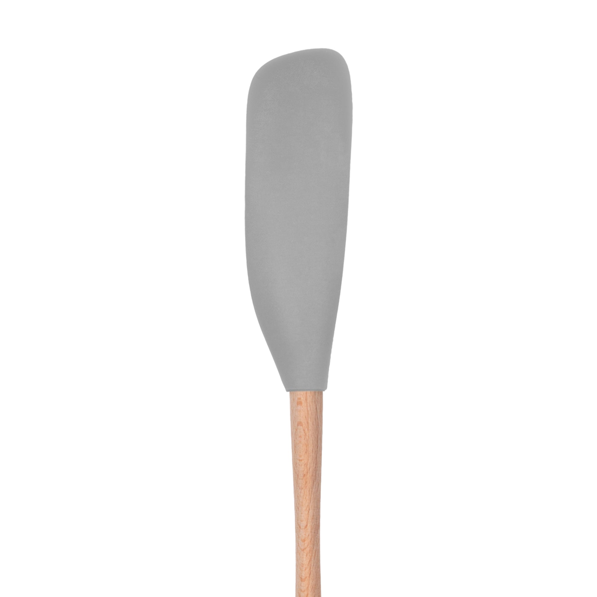 The Flex-Core Jar Scraper features a gray silicone head with a rounded edge and a wooden handle, making it ideal for scraping jars; pictured against a white background.