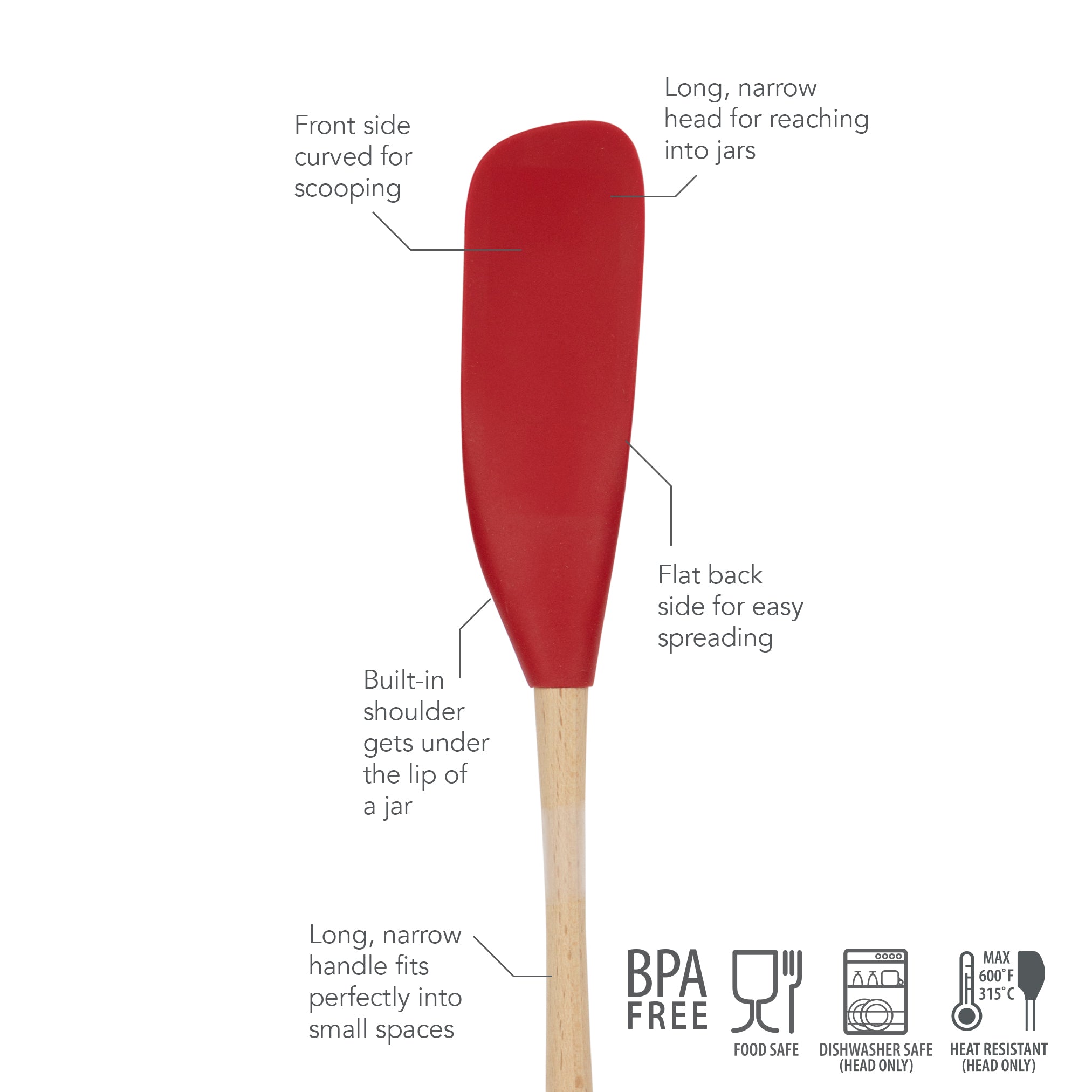 The Flex-Core Jar Scraper, a red silicone spatula with a wooden handle, features a curved front, jar-scraping shoulder, narrow shape, flat back, and small tip. It's BPA-free, food safe, heat resistant—perfect for scooping, spreading, and scraping jars.