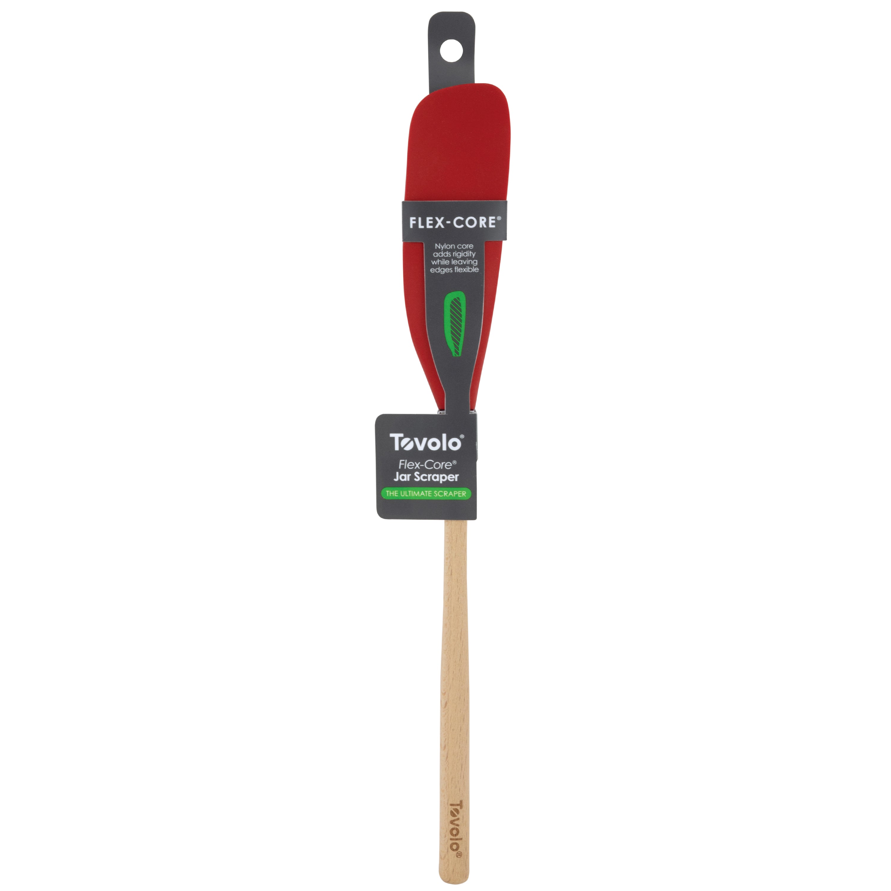 The Flex-Core Jar Scraper is a red silicone spatula with a wooden handle, designed for scraping jars clean. It features a small hole for hanging and combines versatility with practical, easy-to-use design.