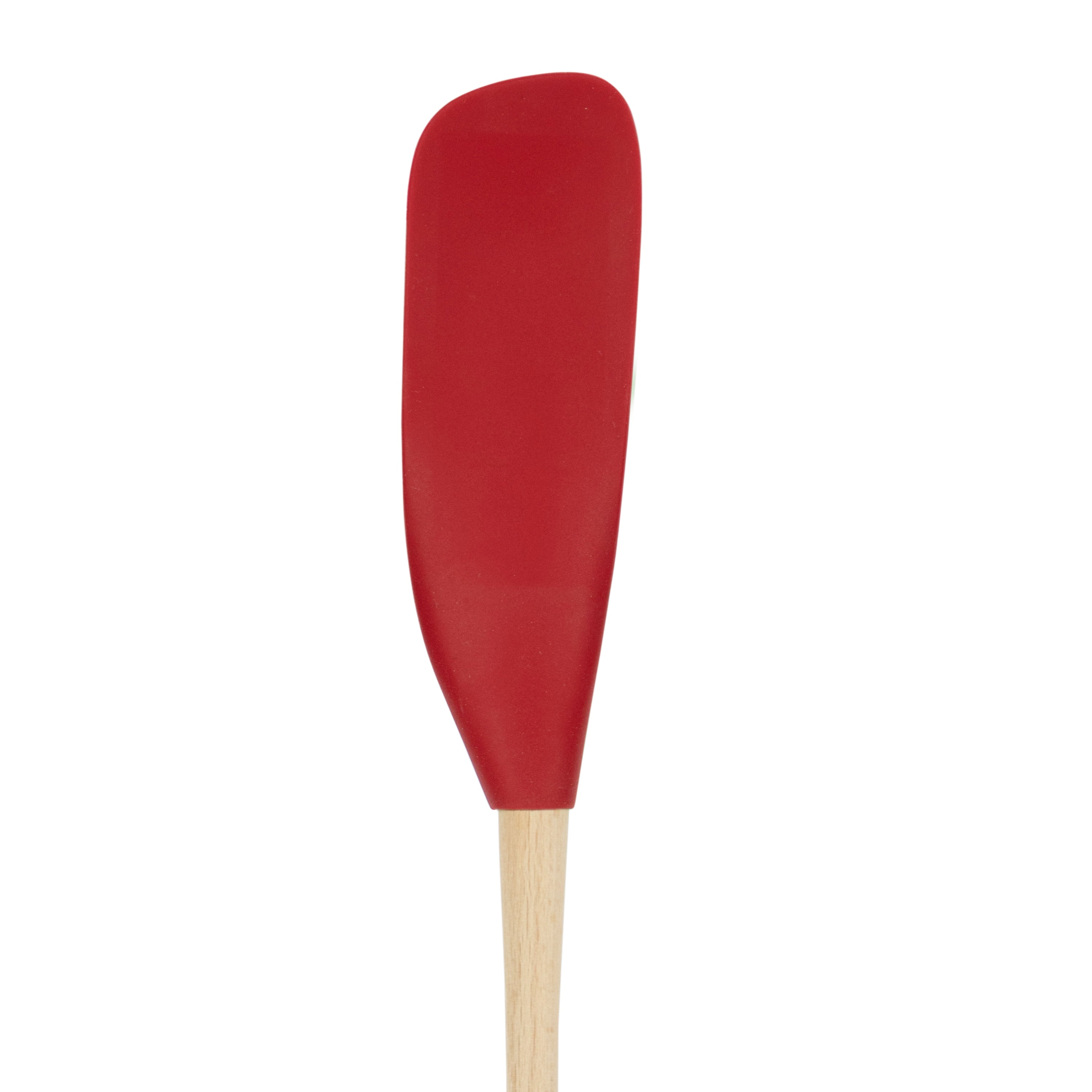 The Flex-Core Jar Scraper features a red silicone, flat slightly curved blade and a light wooden handle—an essential kitchen tool perfect for scraping jars—displayed against a white background.