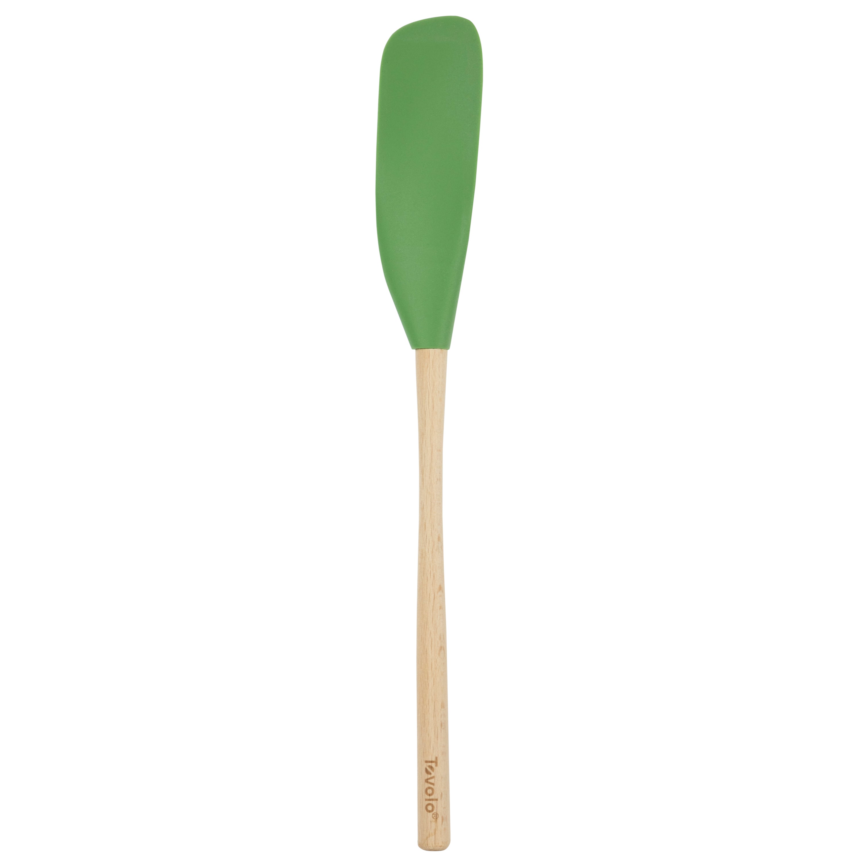 The Flex-Core Jar Scraper is a versatile kitchen tool with a long wooden handle and a green, flexible silicone head—ideal for scraping jars or mixing and scraping food in bowls or pans.