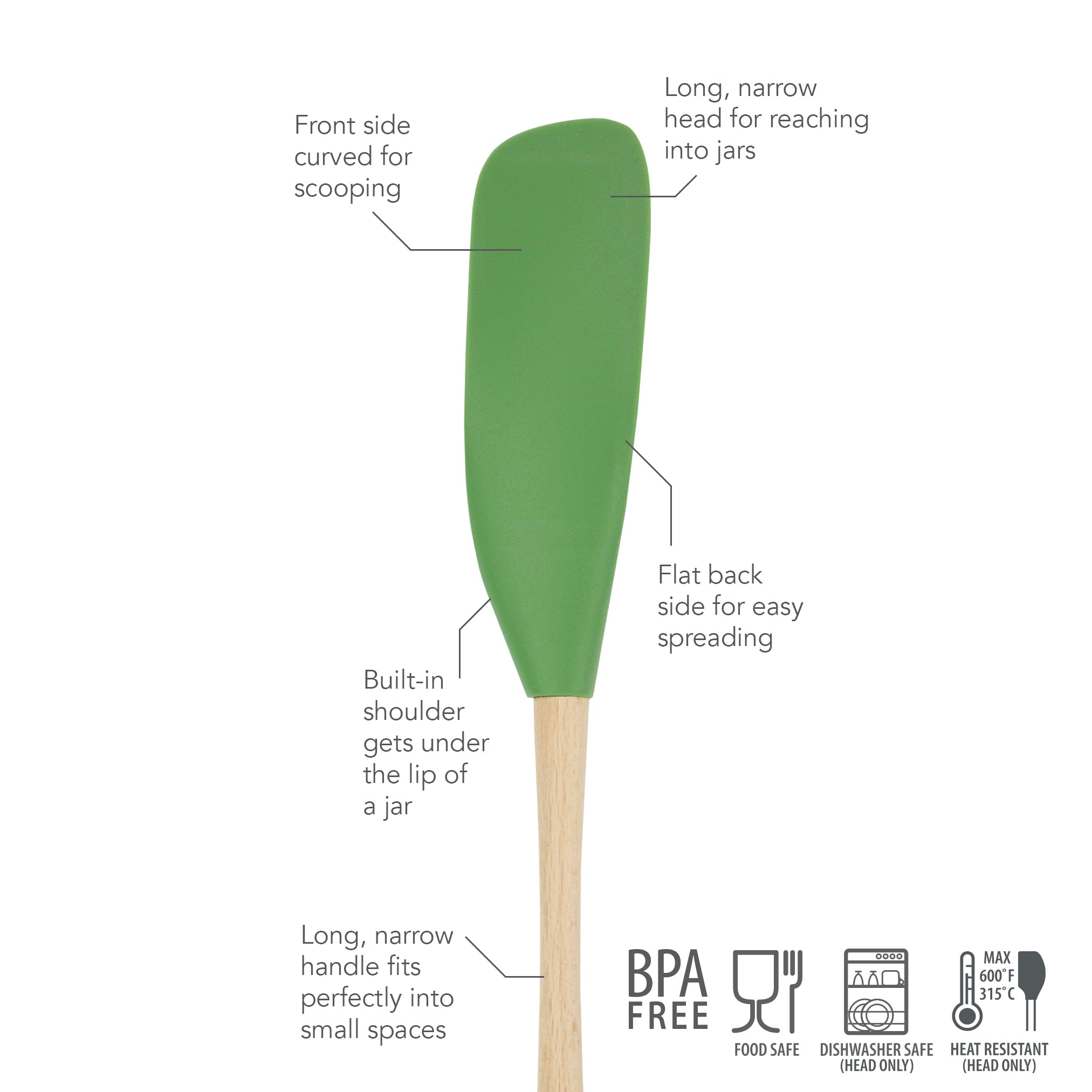 The Flex-Core Jar Scraper is a green silicone spatula with a curved front for scooping, flat back for spreading, built-in shoulder as a jar scraper, and icons for BPA free, food safe, dishwasher safe, and heat resistant.
