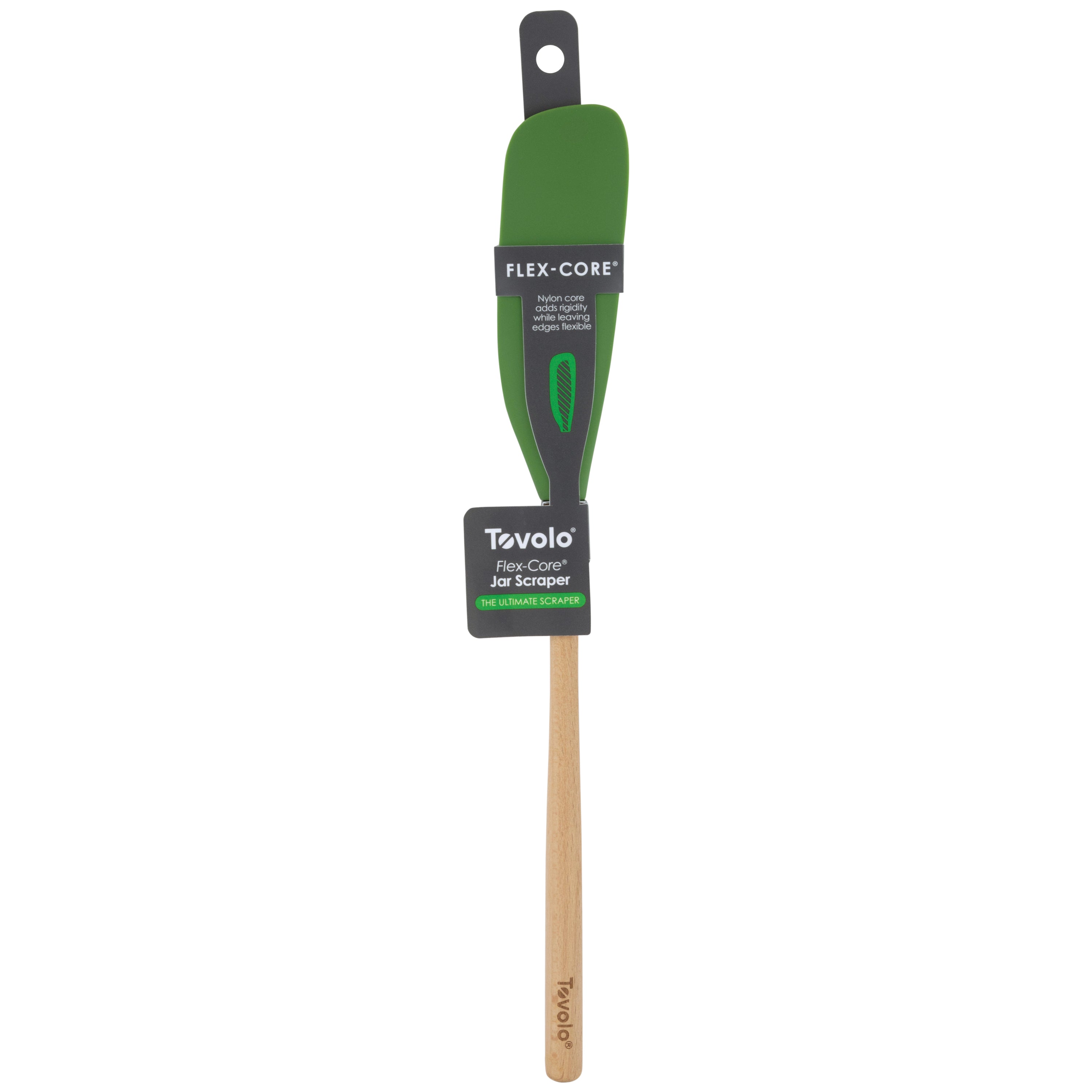 A green Flex-Core Jar Scraper with a wooden handle, shown in its packaging with product labels attached—a versatile silicone kitchen tool designed for everyday use.