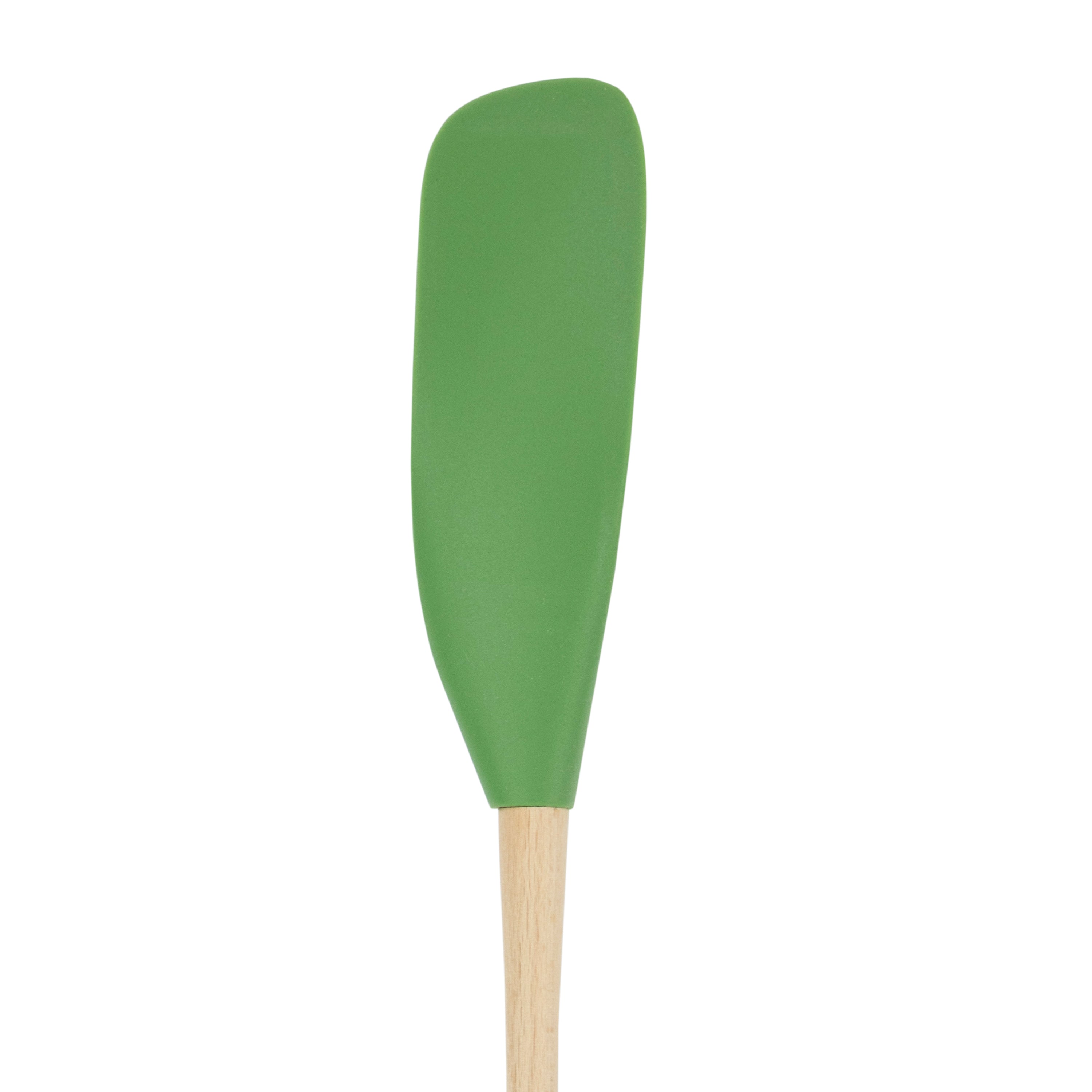 The Flex-Core Jar Scraper, a green silicone spatula with a wooden handle, ideal for scraping jars, is displayed against a white background.