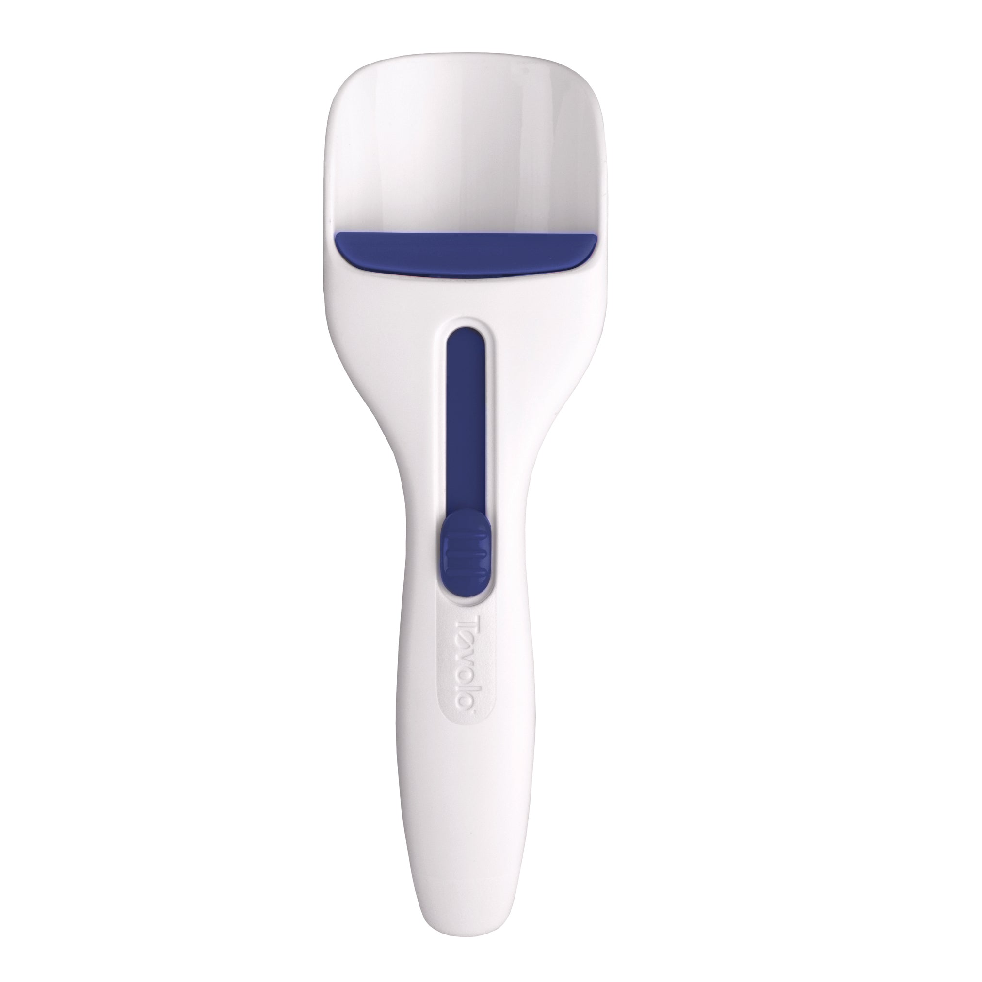 The Cupcake Scoop is a white handheld tool with a blue rubber strip across the scoop and a blue slider on the handle, perfect for baking cupcakes or removing pet hair.