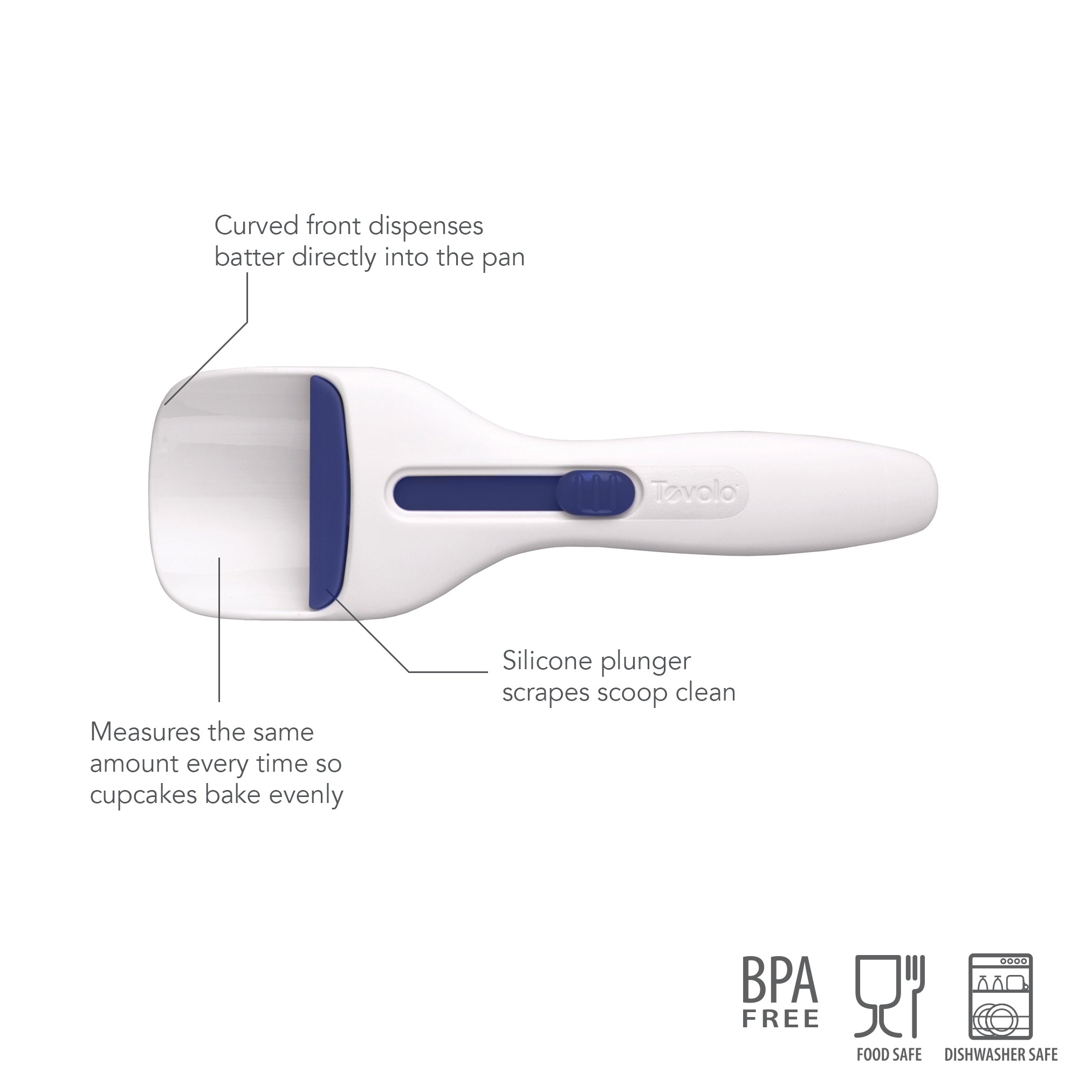 The Cupcake Scoop, in white and blue, features a curved front for easy batter dispensing, a silicone plunger for clean scraping, and a measuring scoop for consistent portions. It's BPA free, food safe, and dishwasher safe.