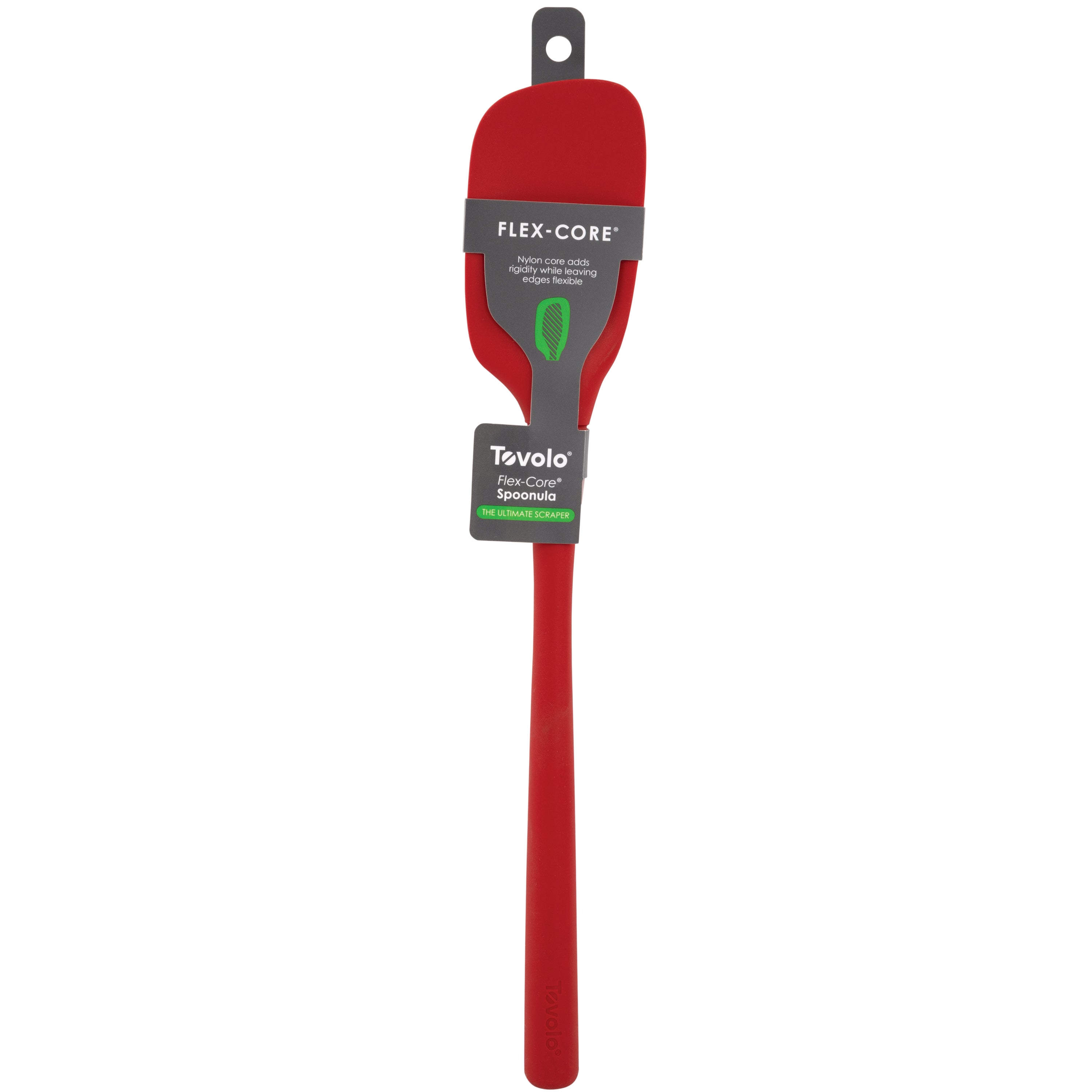 The Flex-Core Spoonula is a red silicone spatula with a long handle, designed for ergonomic use, shown in its packaging against a white background.