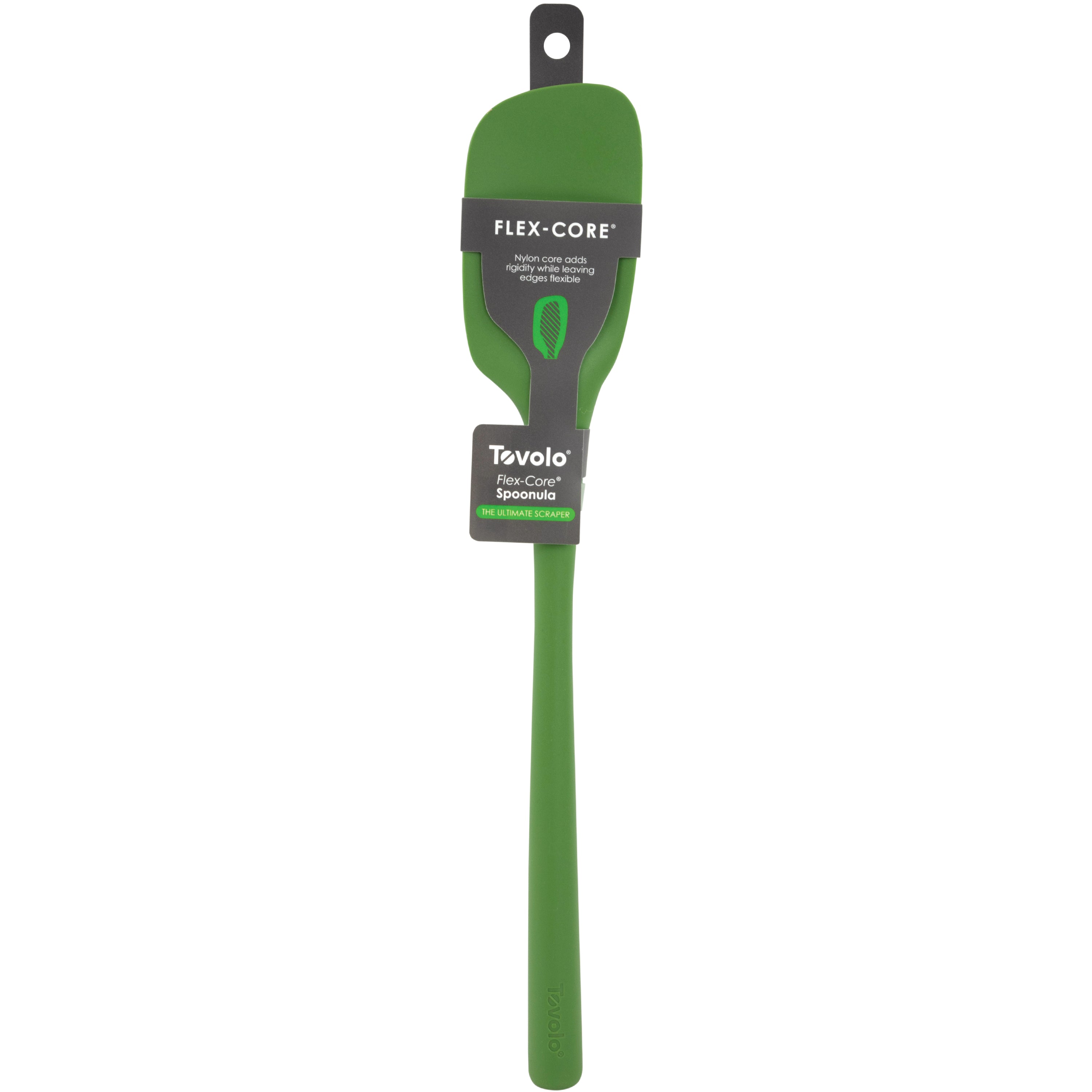The green Flex-Core Spoonula features a long handle with a hanging hole and ergonomic design. Displayed in its packaging, it shows a black band with product details wrapped around the middle.