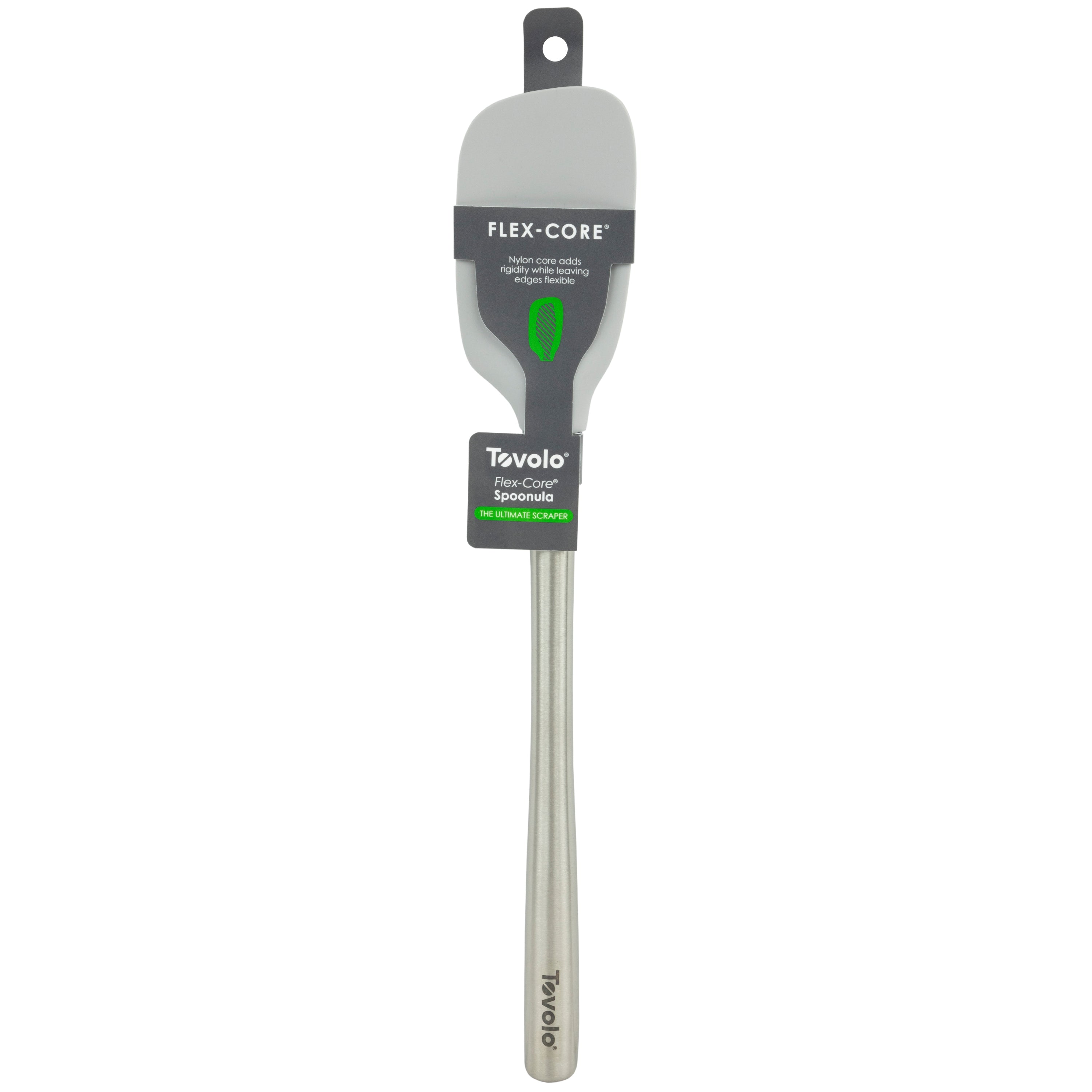 A gray silicone Flex-Core Spoonula with a stainless steel handle, labeled in its original dark packaging with green accents. This ergonomic kitchen tool suits any modern kitchen.
