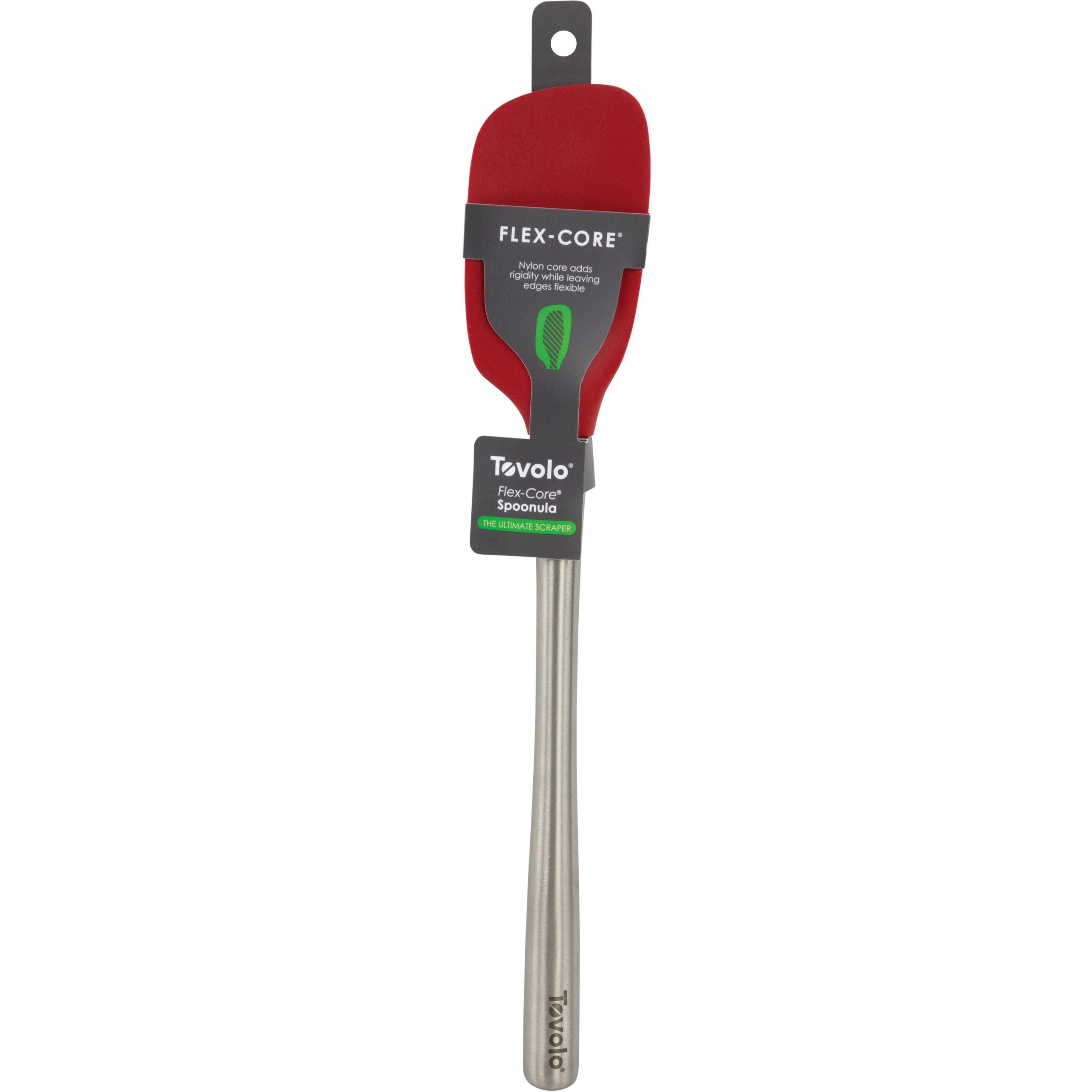 A new Flex-Core Spoonula by Tovolo, featuring a red silicone head and stainless steel handle, remains in its original packaging around the ergonomic handle.