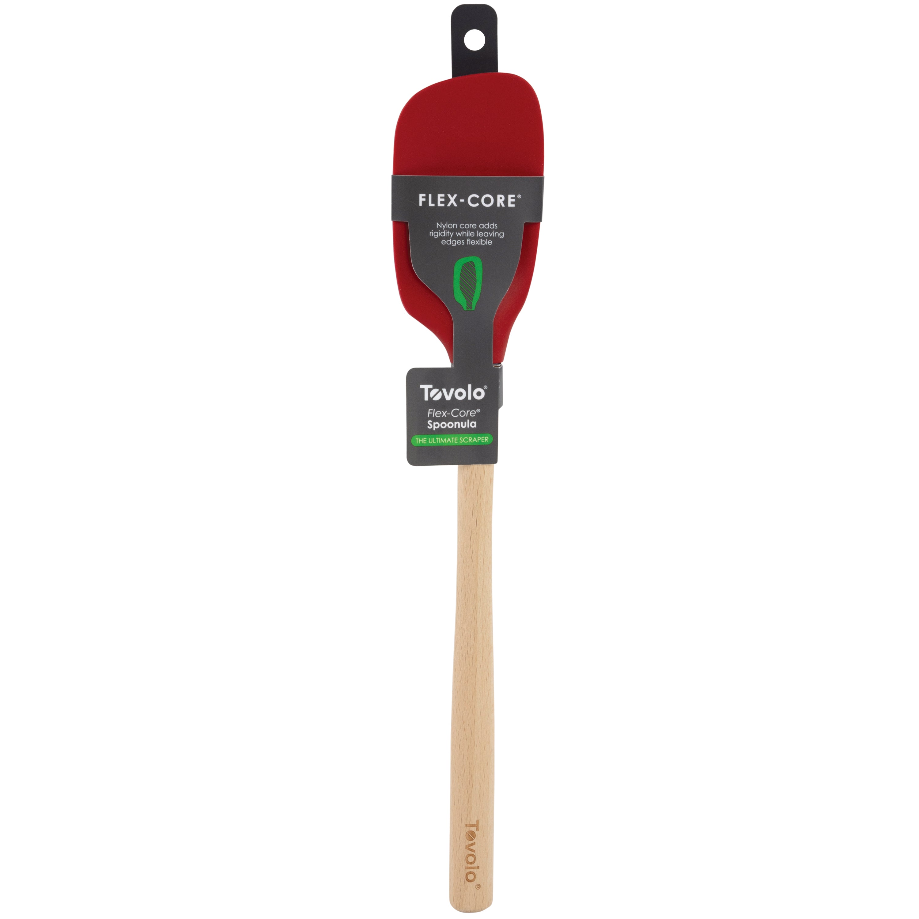 A red silicone Flex-Core Spoonula with a wooden handle is shown in its original packaging against a white background—an ergonomic kitchen tool ideal for daily cooking.