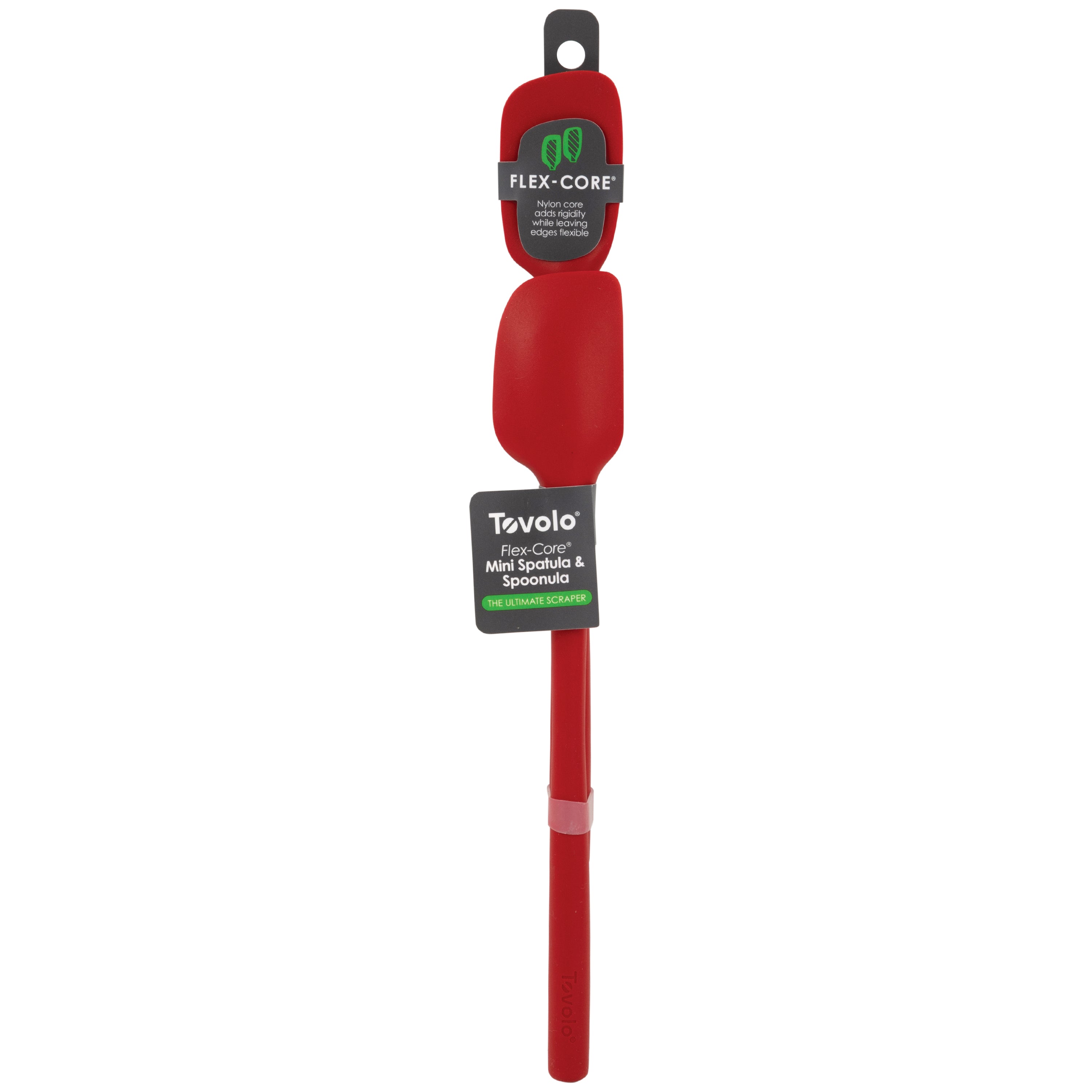 A red Flex-Core Mini Spat + Spoonula set by Tovolo, packaged with labels showing the brand and heat-resistant silicone kitchen utensil details.