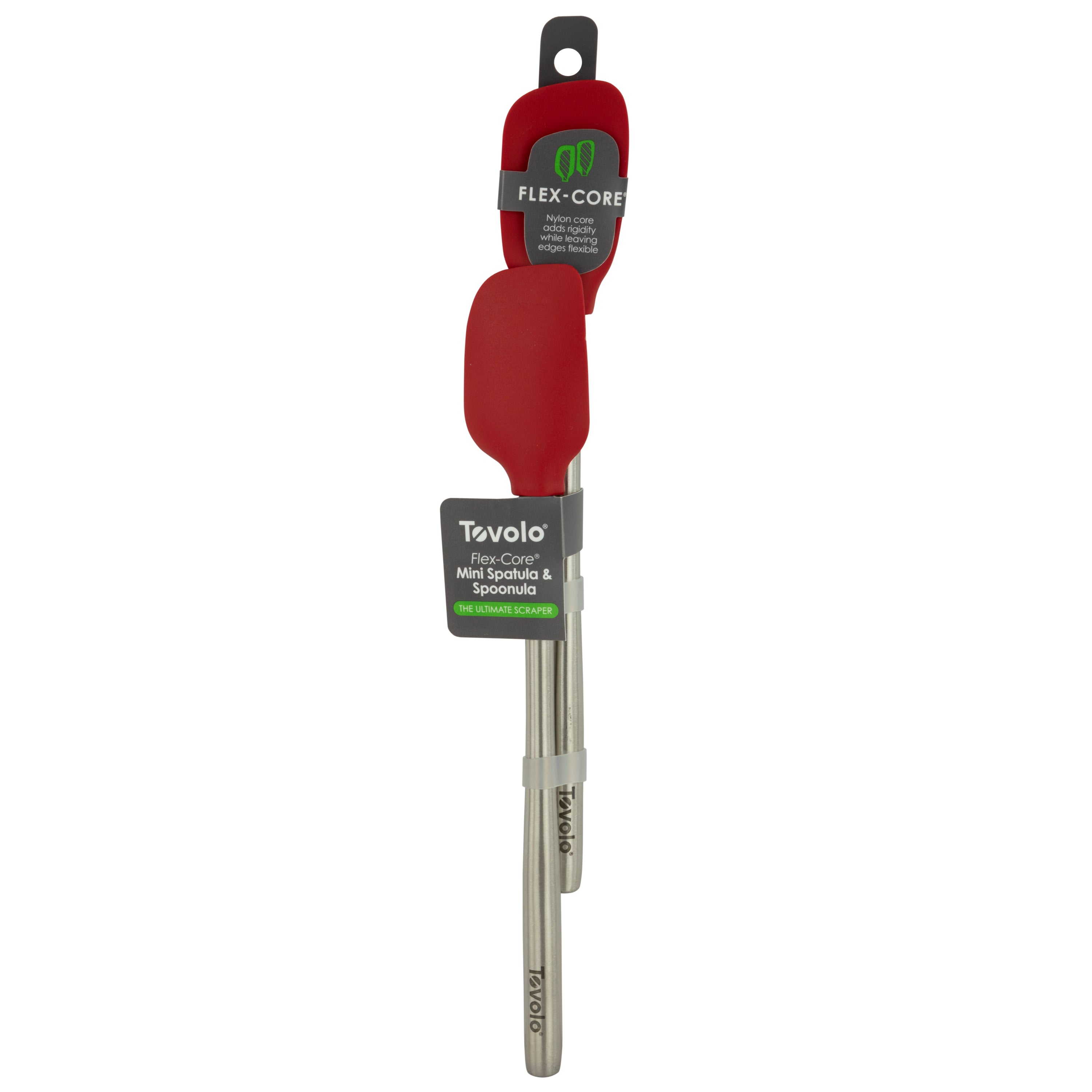 The Flex-Core Mini Spat + Spoonula set includes two red, heat-resistant Tovolo utensils with stainless steel handles, packaged together on gray and green cardboard tags.