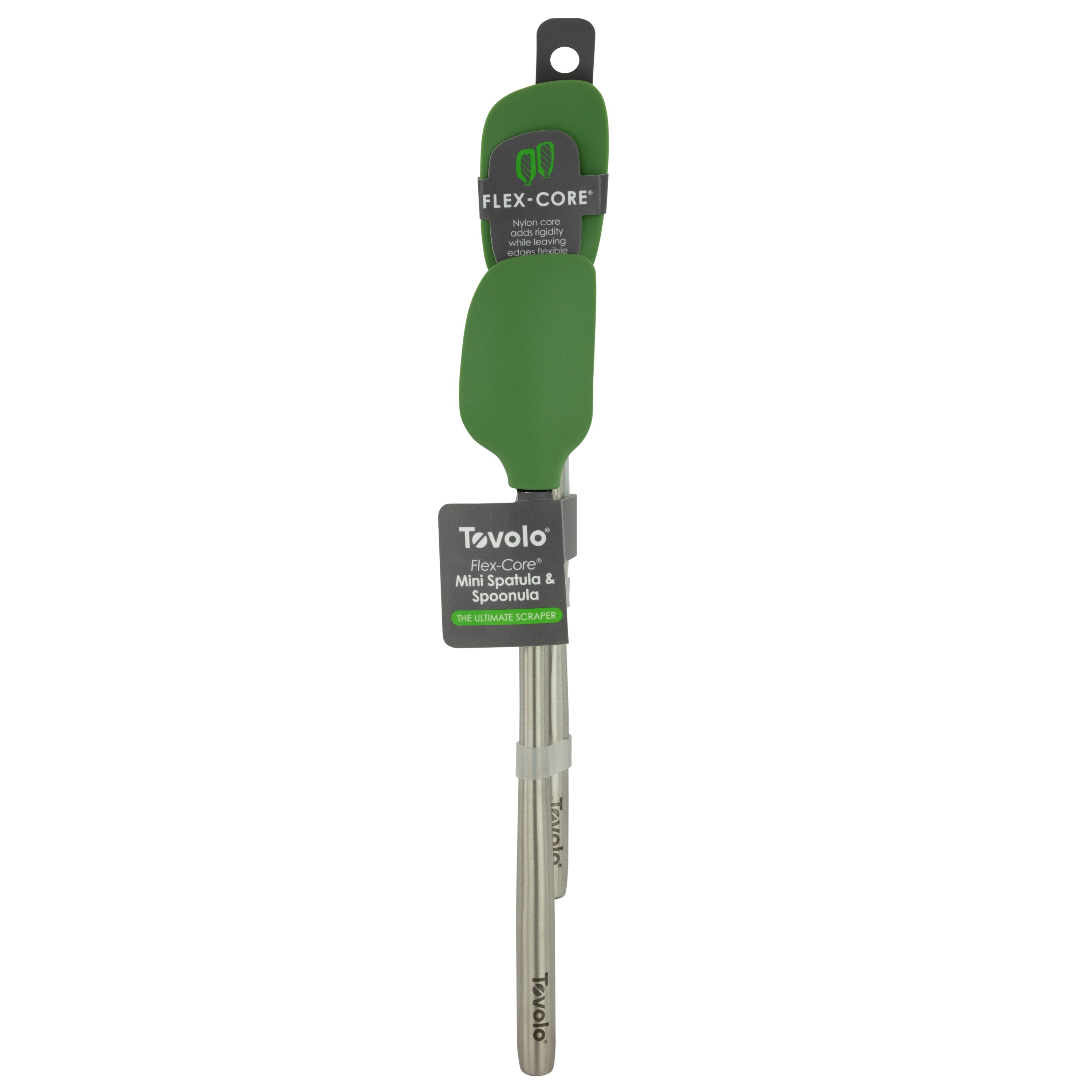 The Flex-Core Mini Spat + Spoonula is a green, heat-resistant kitchen utensil set with stainless steel handles, attached to its packaging.